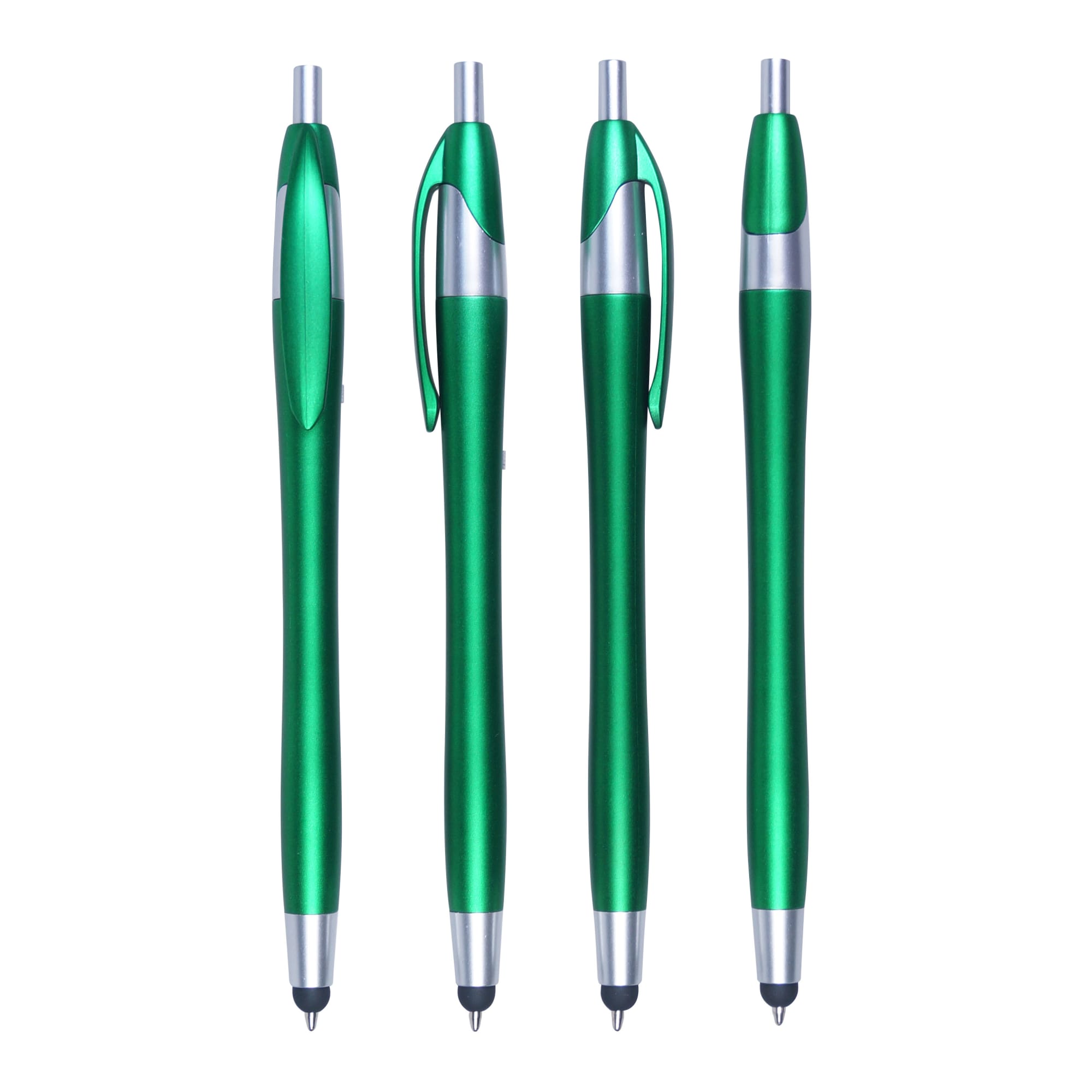 A collection of four green stylus pens with silver accents, featuring a logo on each pen.