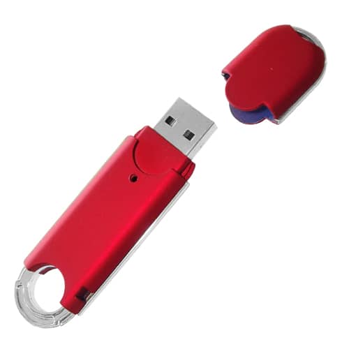 A red O-ring flash drive with a removable cap, featuring a clear plastic casing and a metal loop.