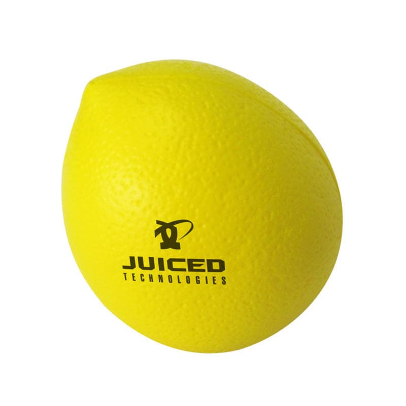 A yellow lemon-shaped stress reliever with a textured surface and a logo printed on it.