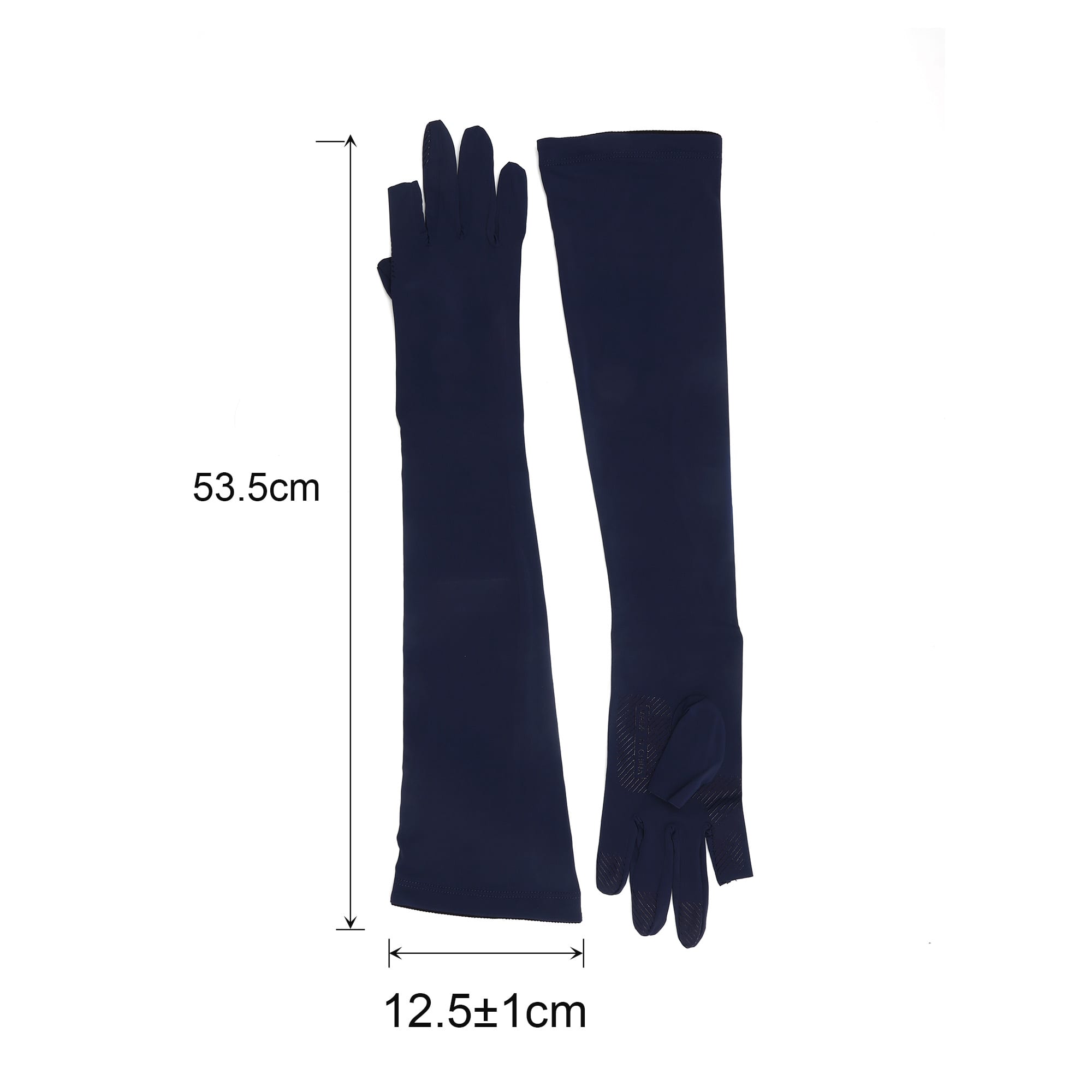 Long sleeve, navy sun protective gloves featuring two open fingers, shown laid flat for display.