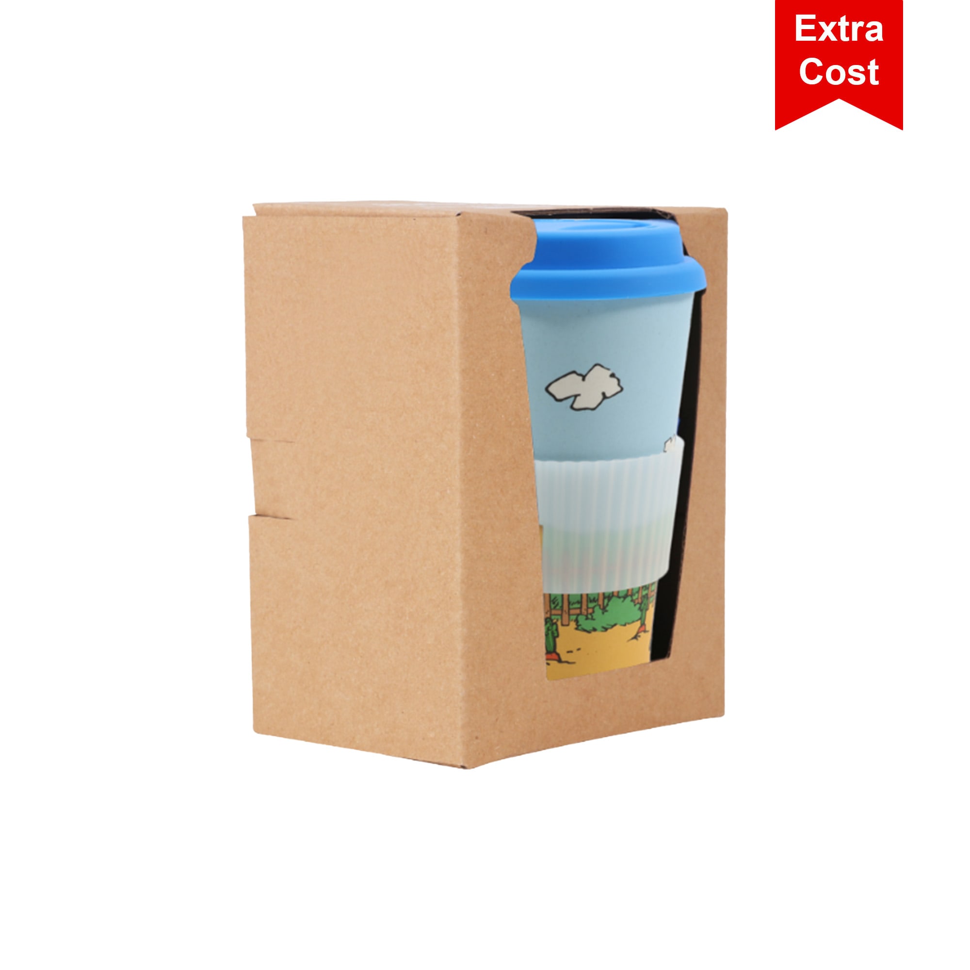 A reusable bamboo coffee cup in blue with a silicone lid, packaged in a cardboard box. Features a logo.