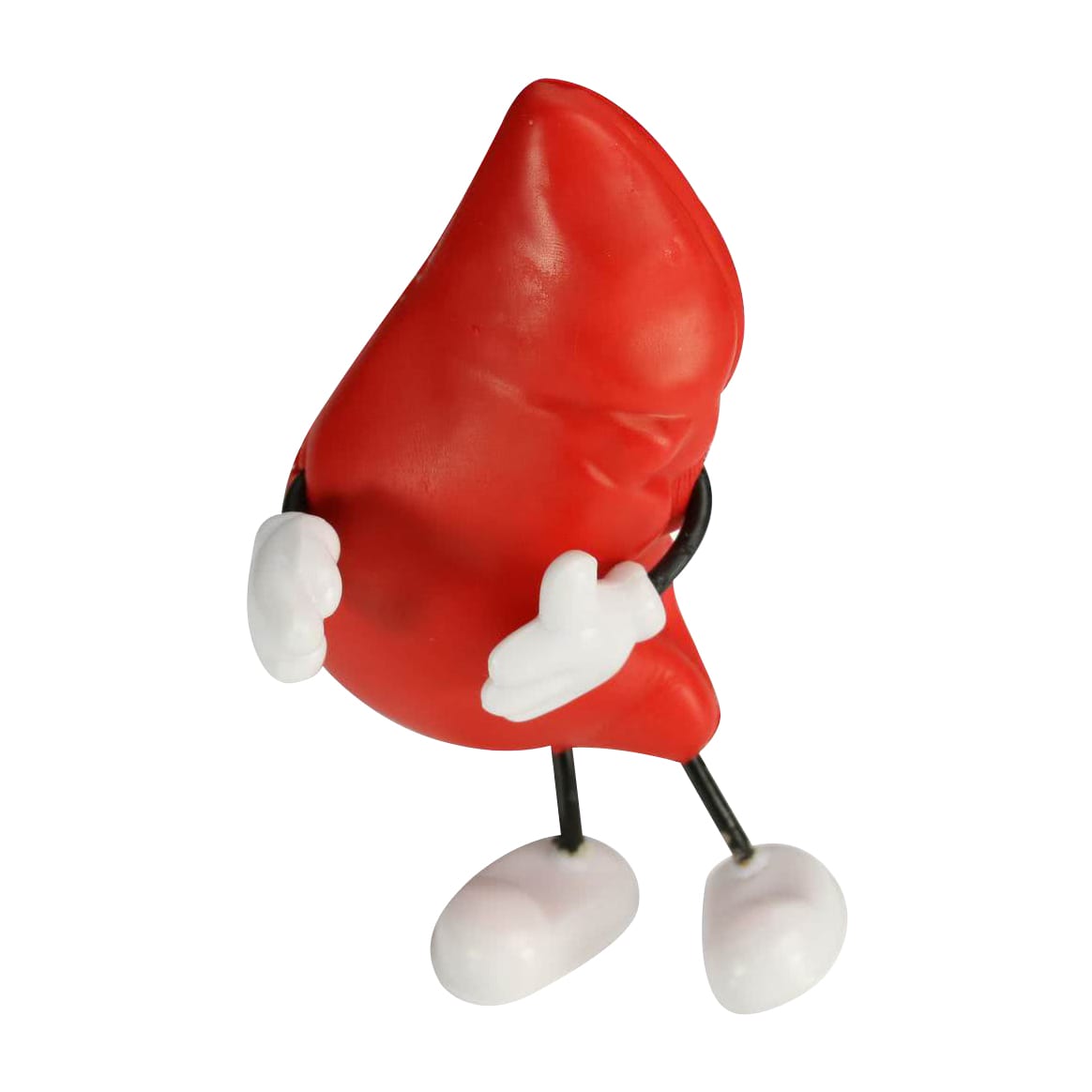 A red stress reliever shaped like a liver, featuring white hands, feet, and black wire legs.