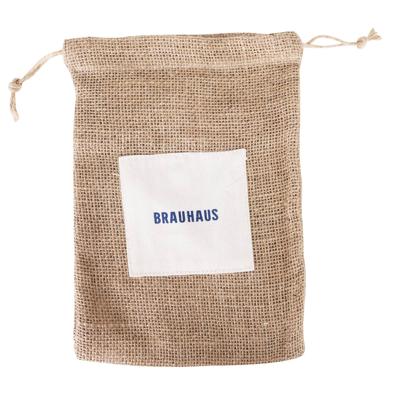 A jute net produce bag in brown, featuring a white patch with a logo. The bag has a drawstring closure.