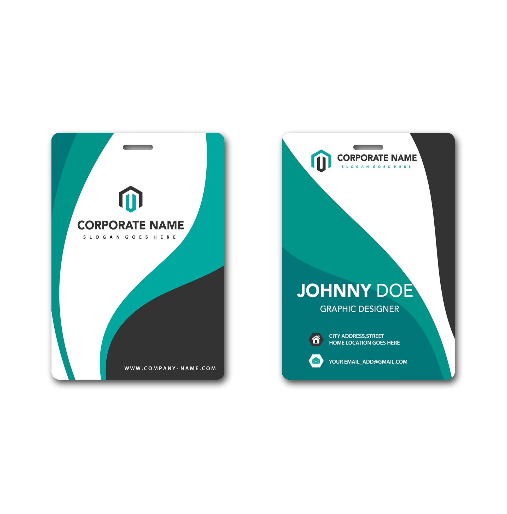 A medium name tag in teal, black, and white, featuring a logo and space for a name and contact details.