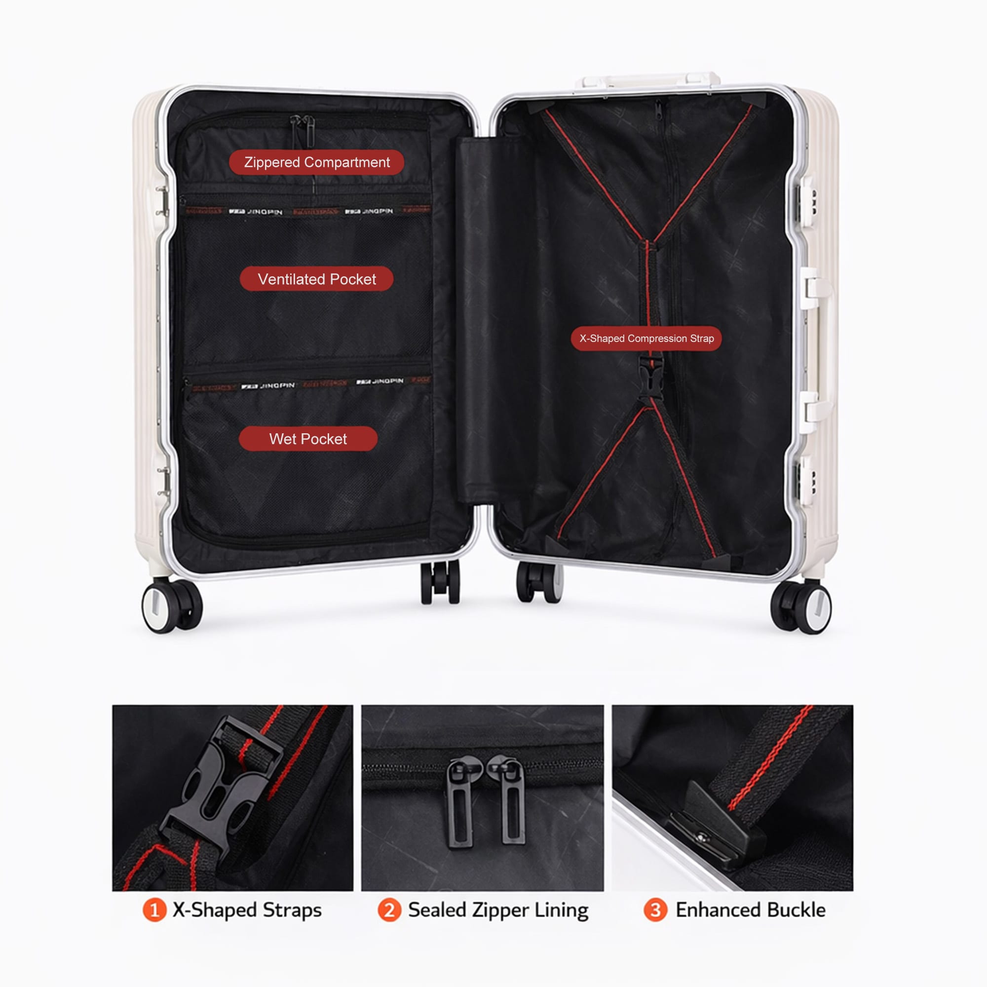 An open white ribbed ABS suitcase showcasing multiple pockets, zippered compartments, and black interior with red accents.