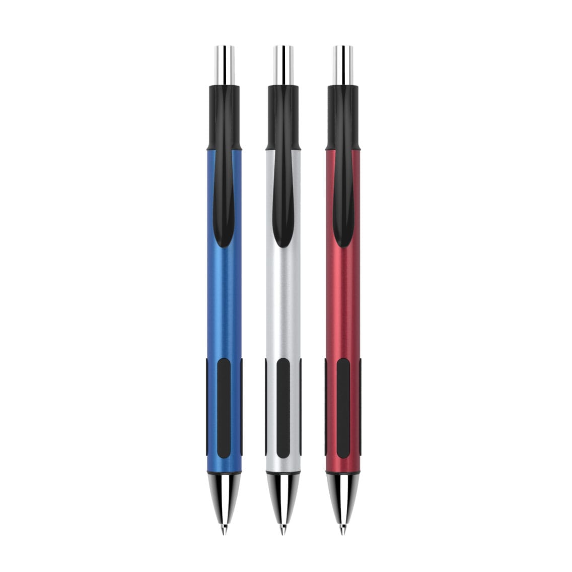 Three plastic pens in blue, silver, and red, featuring black grips and chrome accents. Includes a logo on each pen.