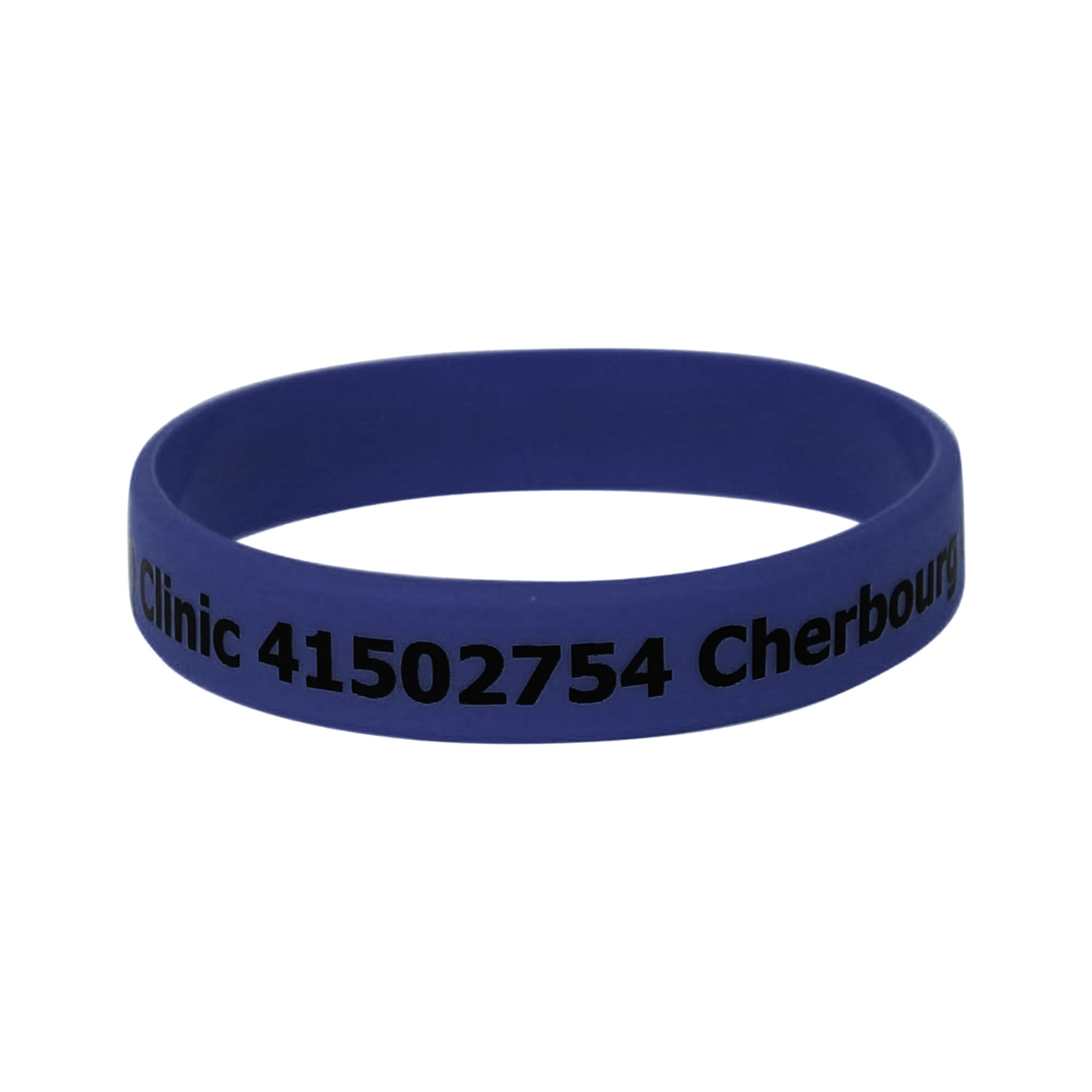 A blue silicone wristband featuring black text and a logo. Ideal for promotions or events.