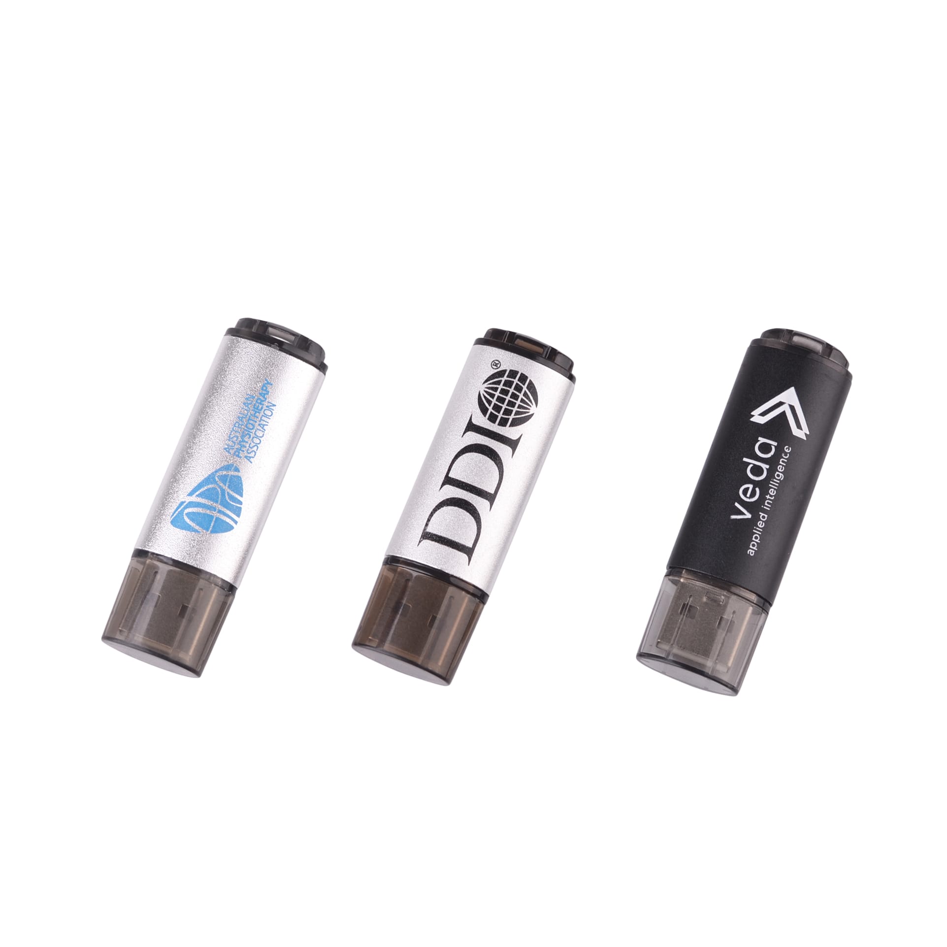 Three flash drives in silver and black, featuring different logos and a cylindrical design.