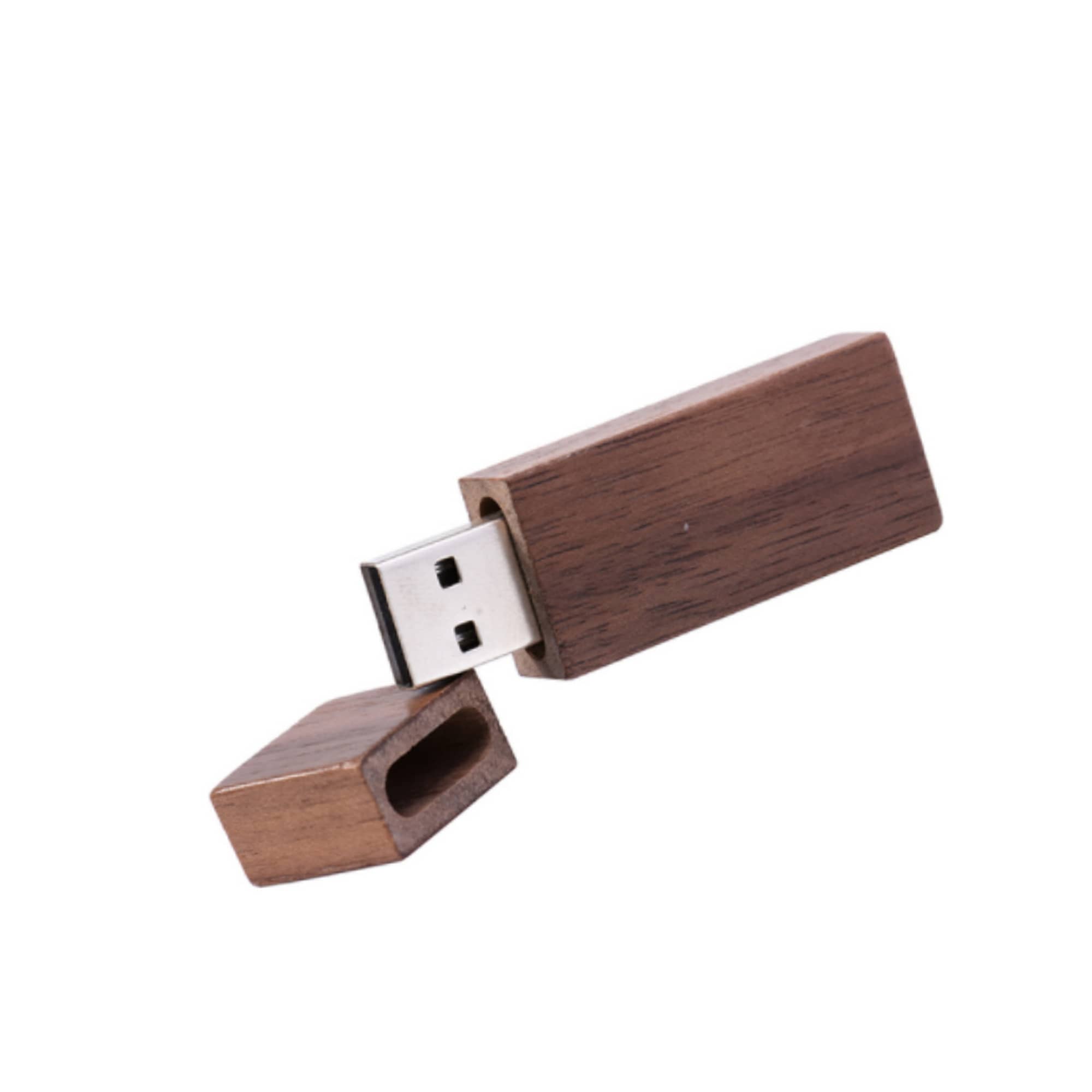 A rectangle wooden flash drive in a brown finish, partially opened to reveal the USB connector. Features a logo.