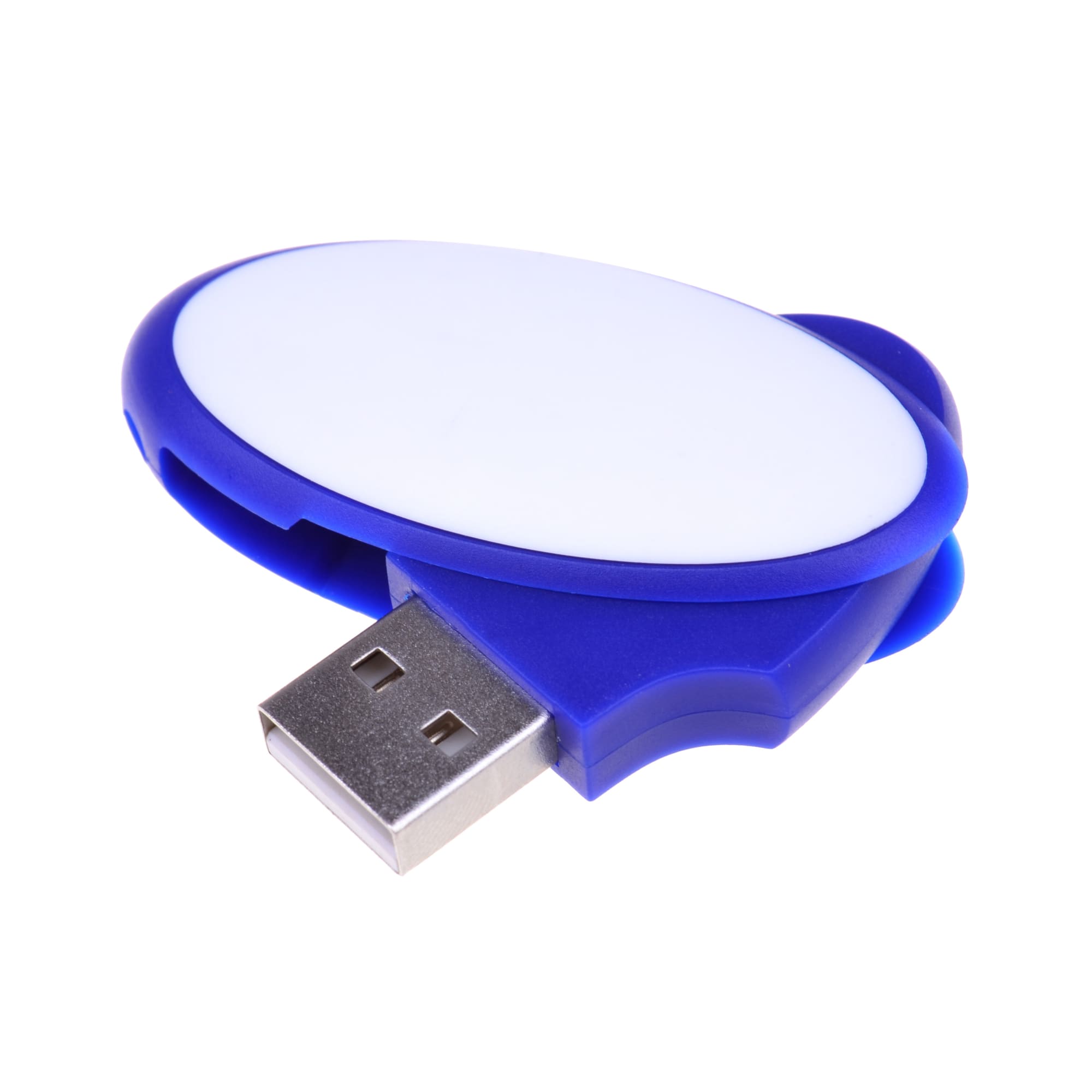 An oval swivel flash drive in blue, featuring a white surface and a metallic USB connector.