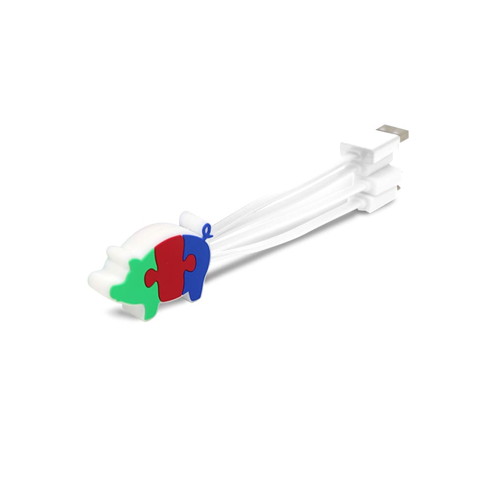 A PVC custom charging cable with a pig-shaped design in red, green, and blue, featuring a logo on its side.