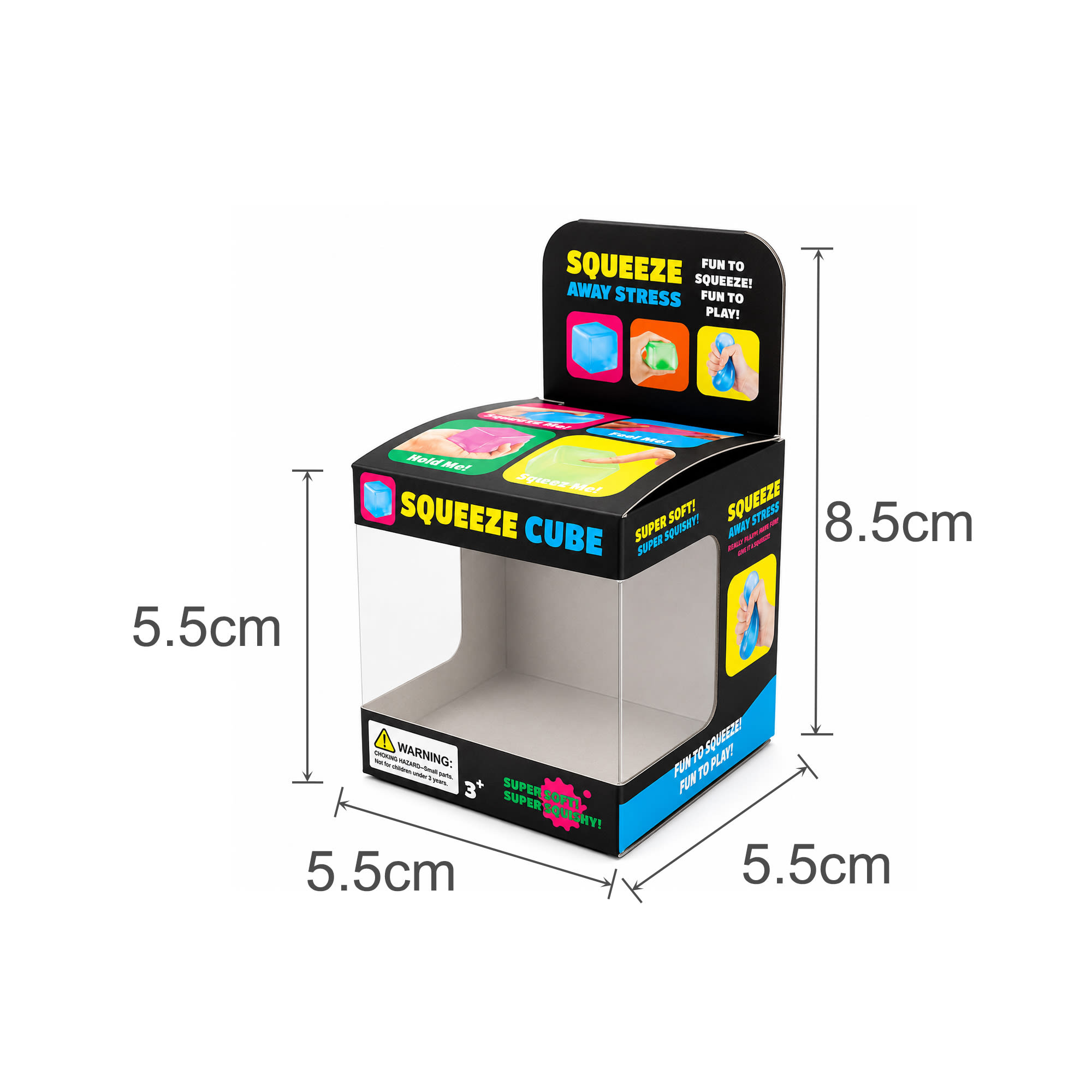 A squishy stress relief cube in vibrant colours, displayed in a clear box, with dimensions indicated in cm.