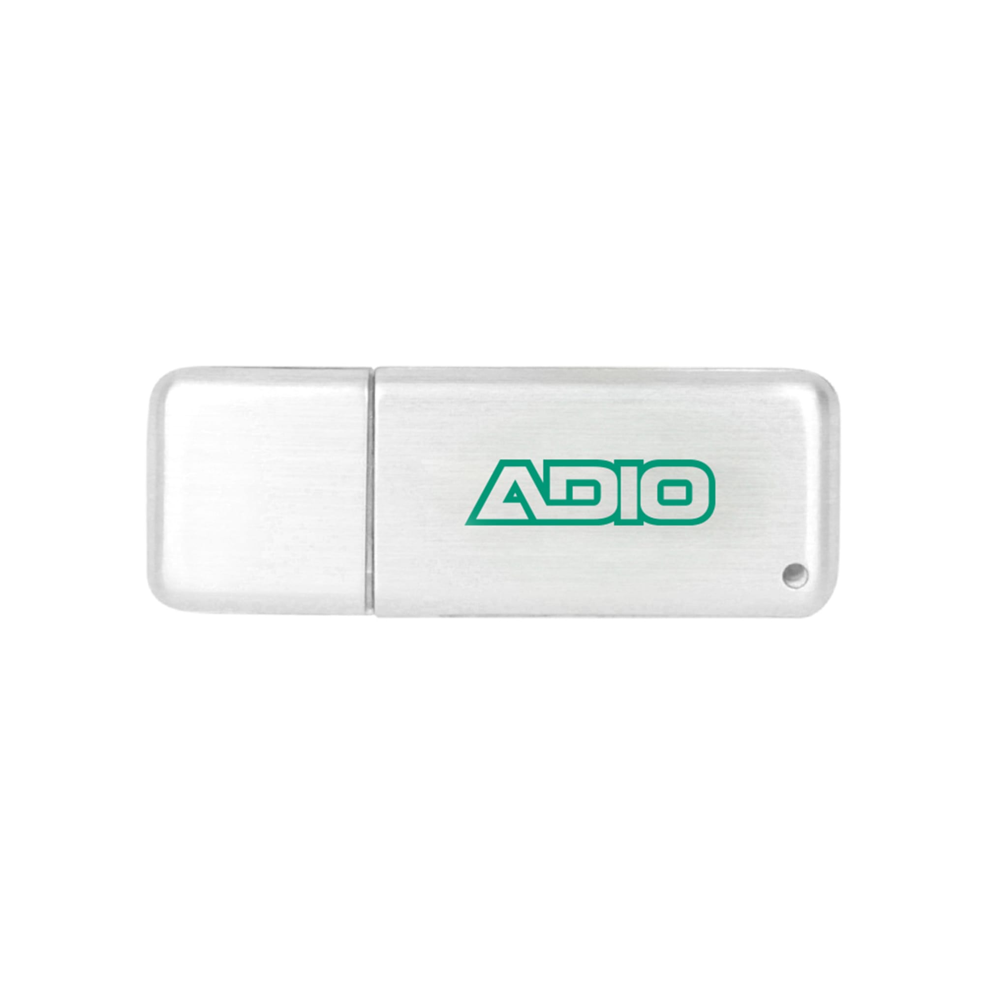 A silver flash drive with a logo, featuring a sleek design and a smooth surface.