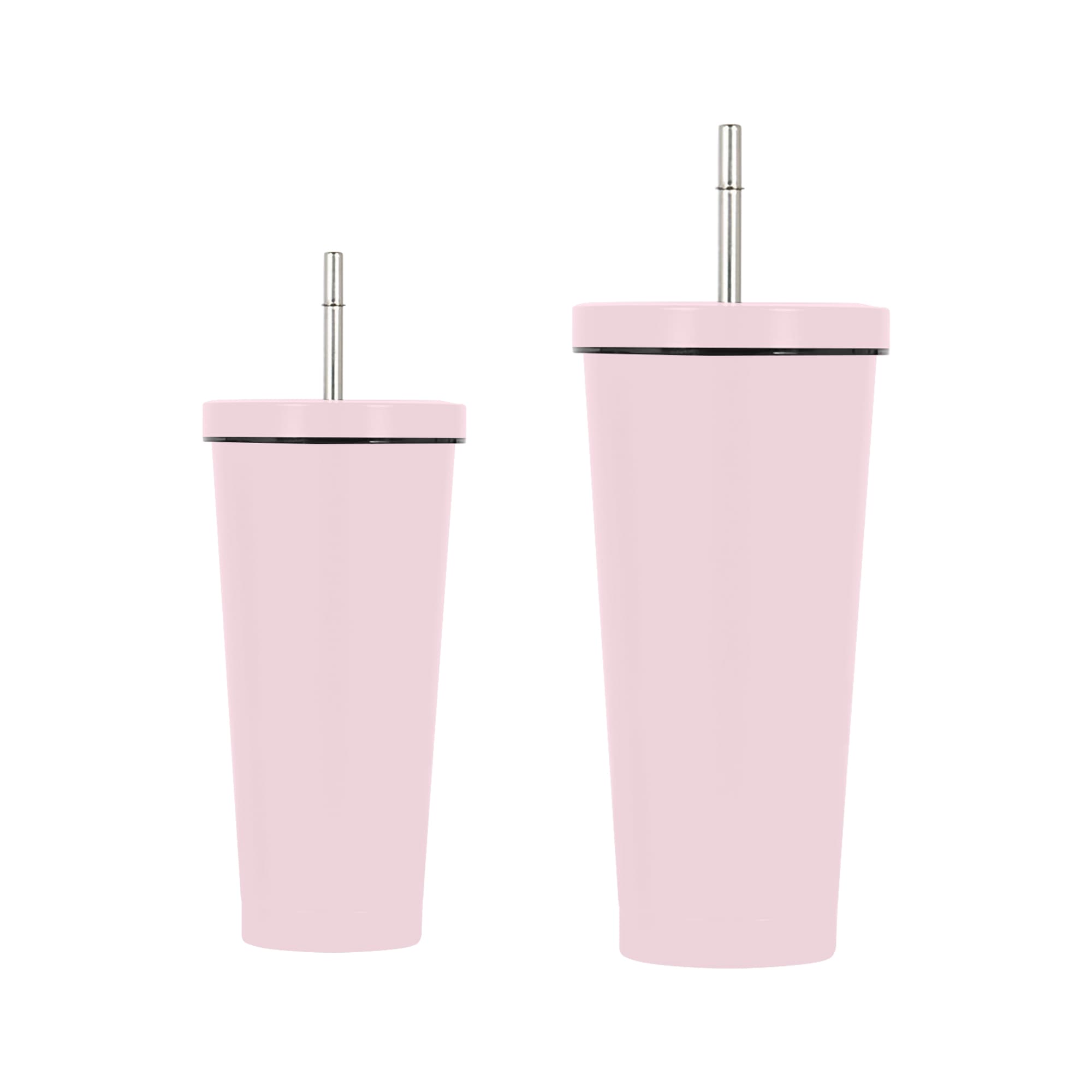A drink bottle set featuring two pink double wall stainless steel tumblers with straws and a logo.