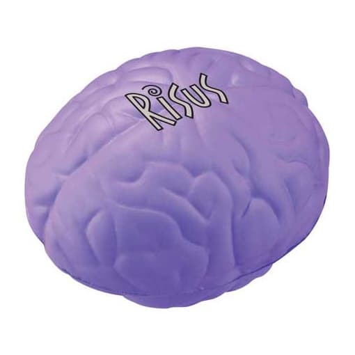 A purple brain-shaped stress reliever with a logo on its surface, designed for fun and stress relief.