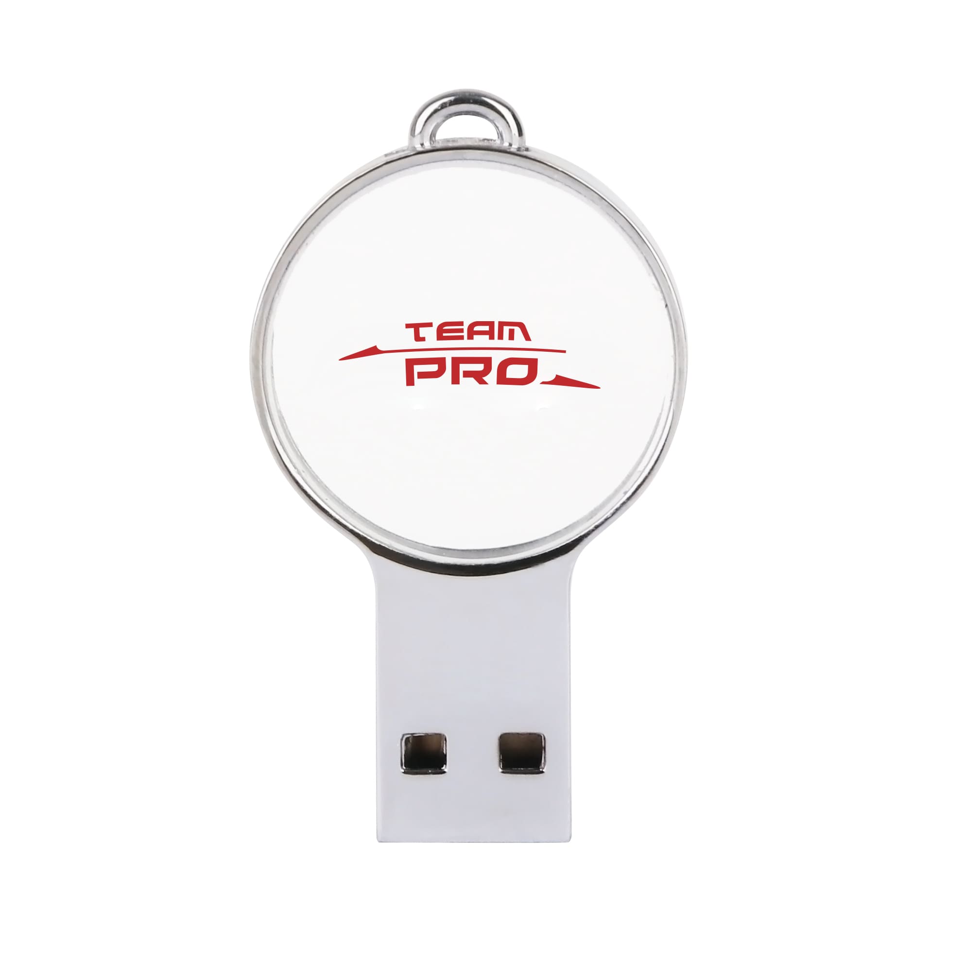 A mini round crystal flash drive in silver and white, featuring a logo on the front.
