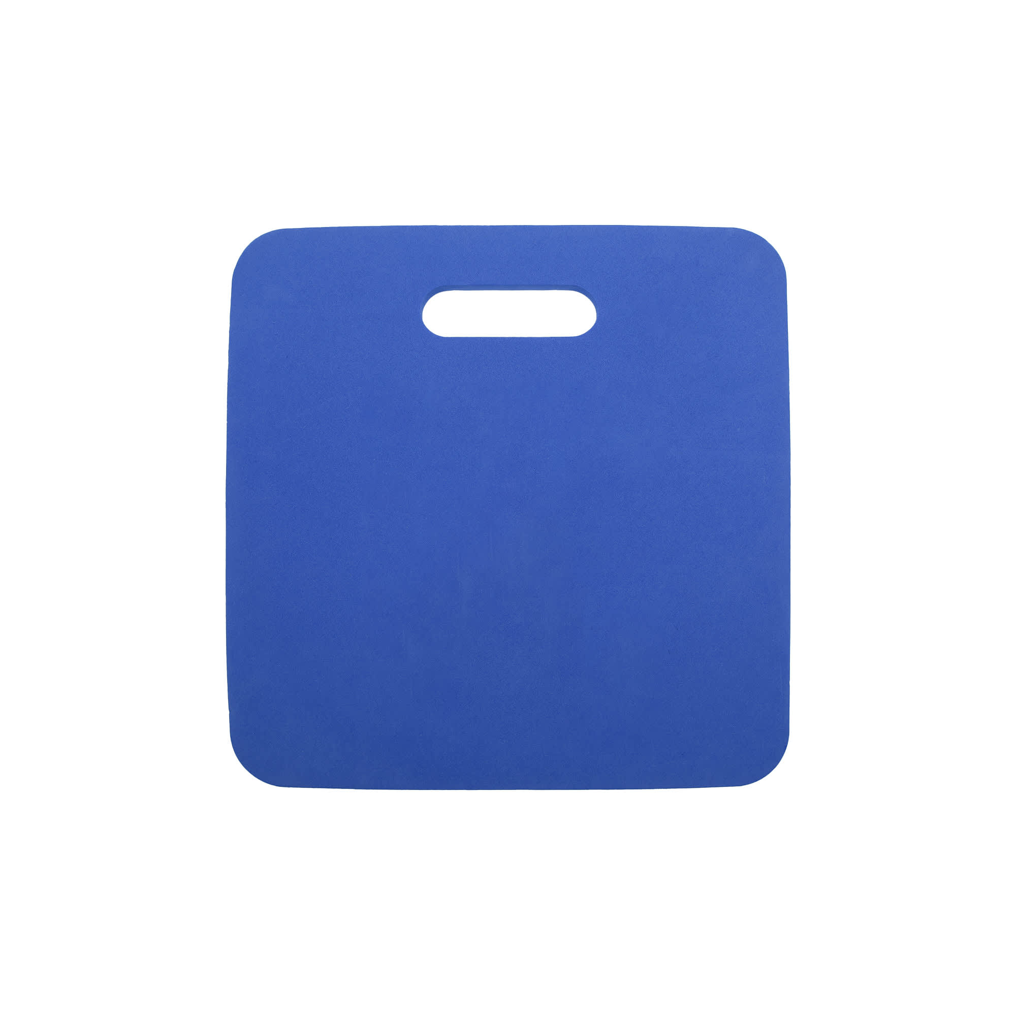 A blue promotional stadium seat cushion with a cut-out handle for easy carrying.
