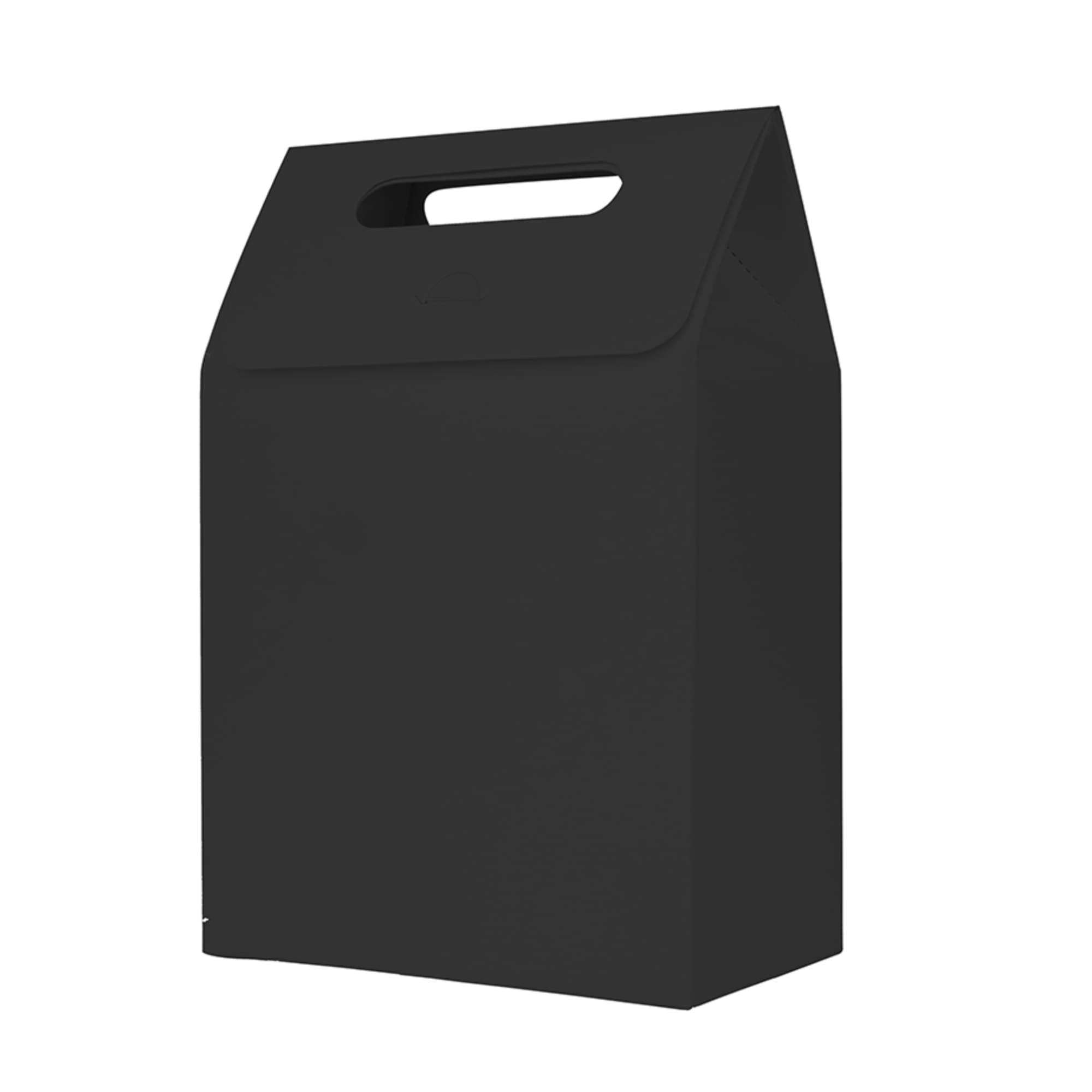 A black die cut handle bag, measuring 135x200x75mm, featuring a simple design and a handle for easy carrying.