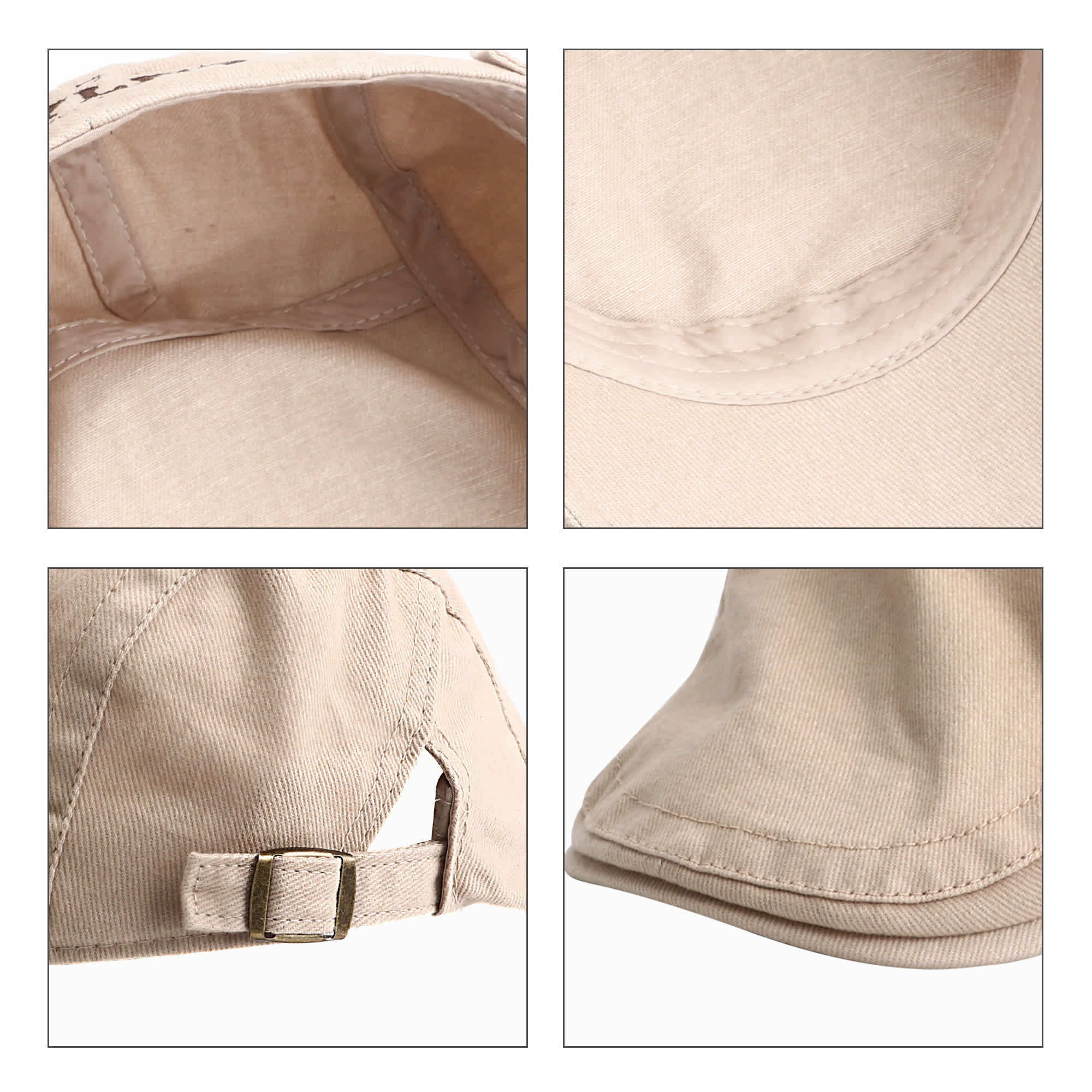A beige beret hat featuring stitching details and a side adjustment strap. The interior showcases a smooth finish.