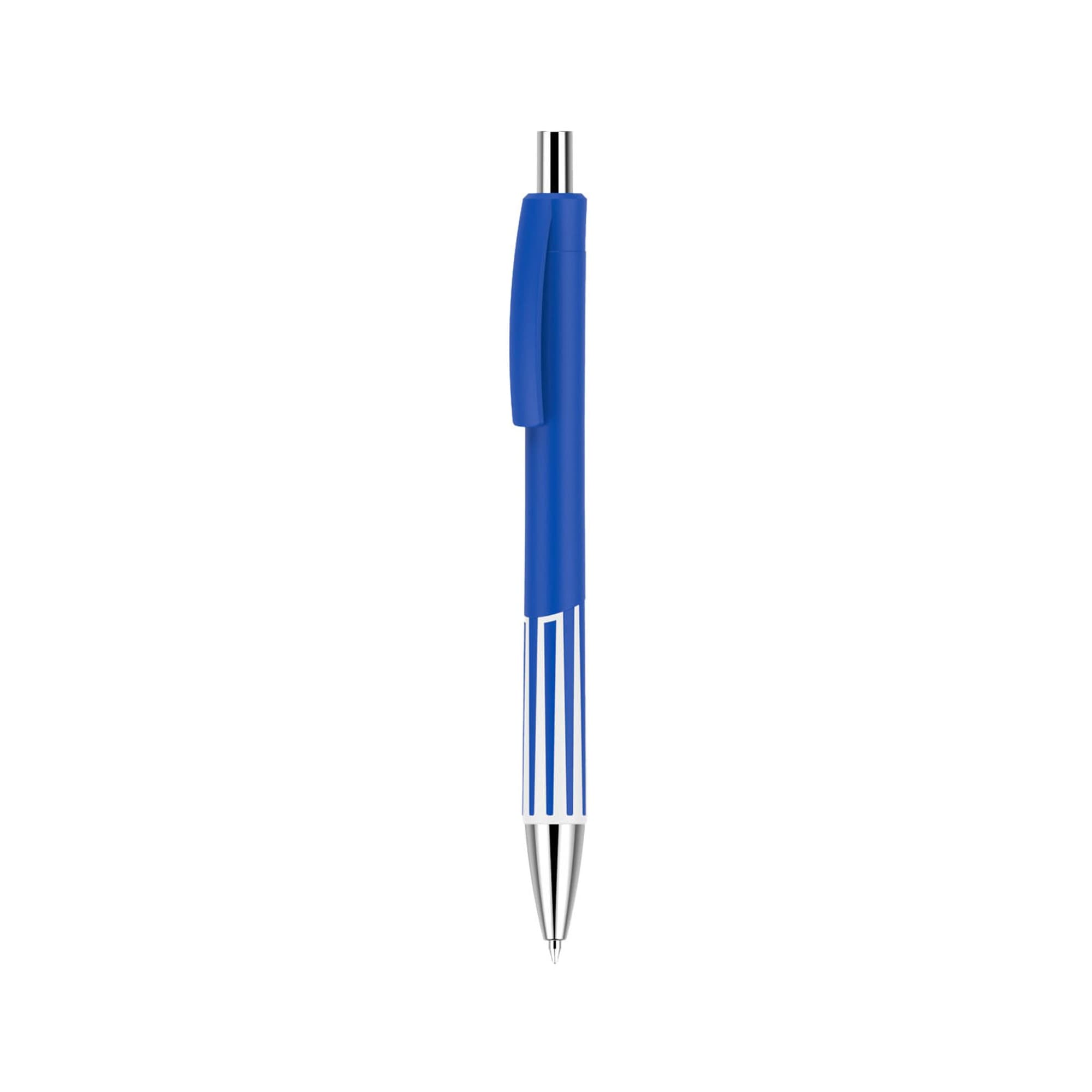A blue plastic pen with a colour barrel design and a silver tip. It features a click mechanism and a branding logo.