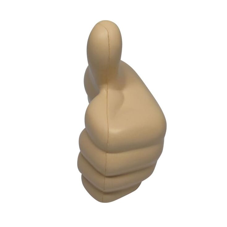 A beige fist-shaped stress reliever with a smooth surface and rounded edges. It features a logo on one side.
