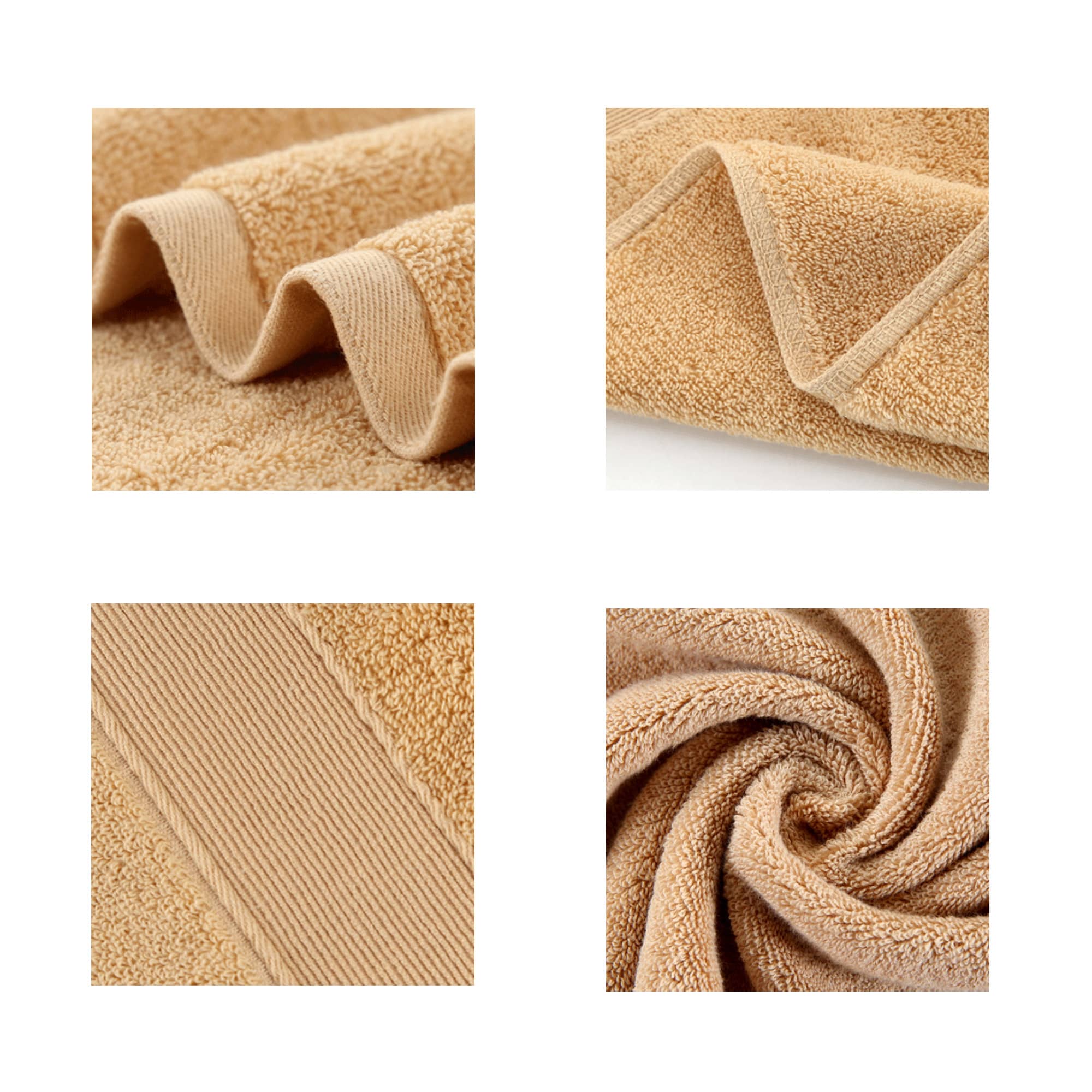 A tan embroidered cotton hand towel featuring textured fabric and a woven edge, with various angles displayed.