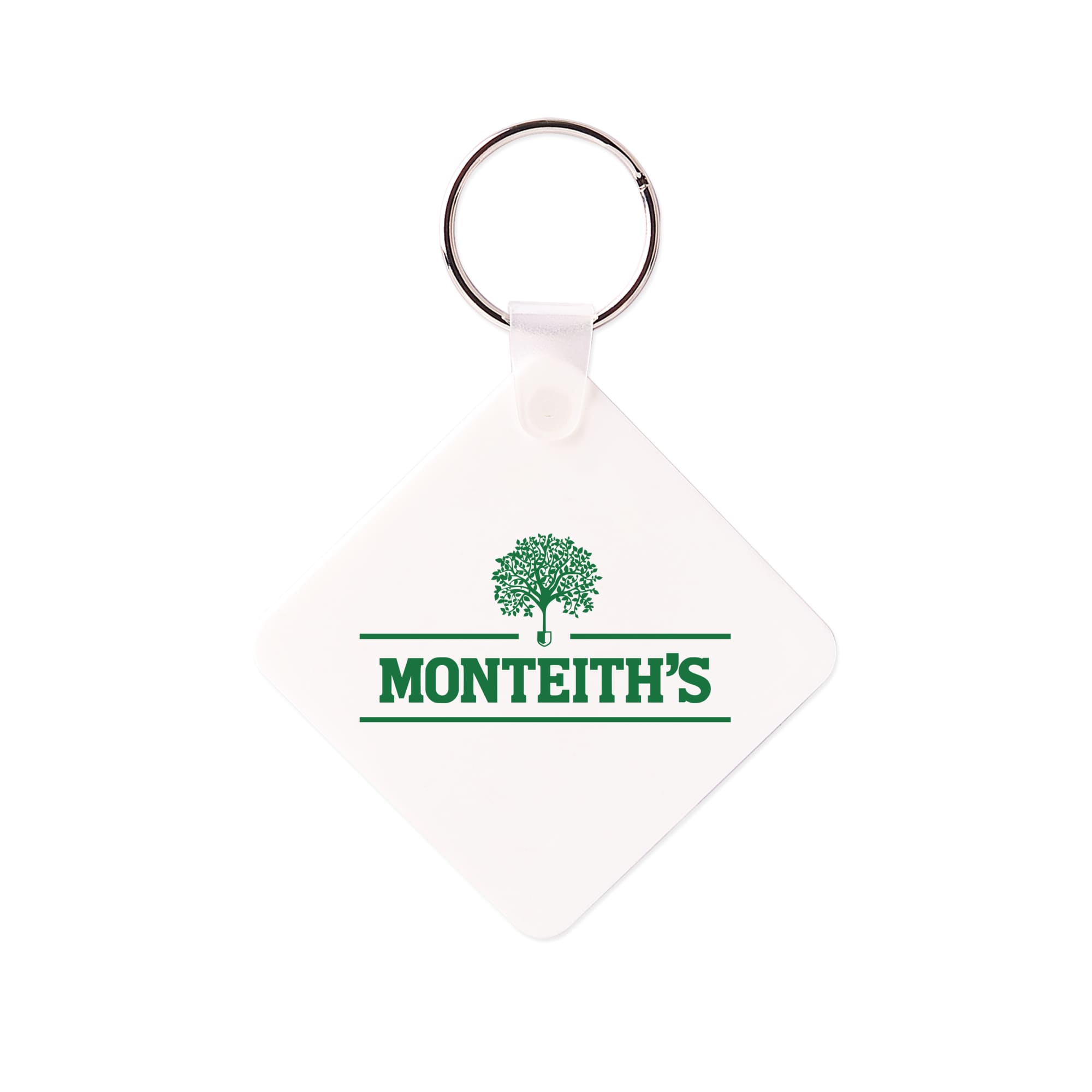 A square white keyring with a silver metal ring and a green logo design.