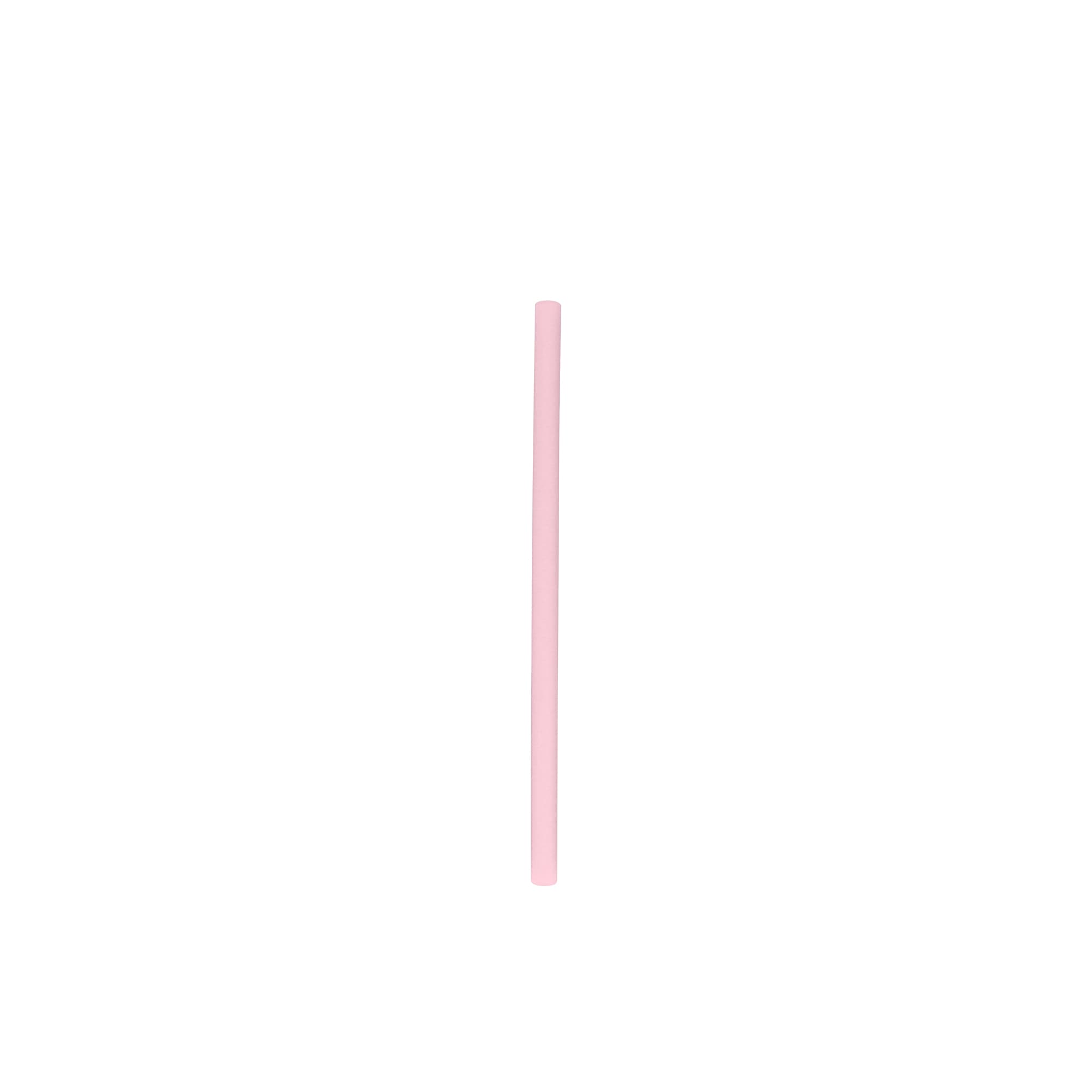 A reusable silicone straw in a soft pink colour, featuring a smooth design and a logo.