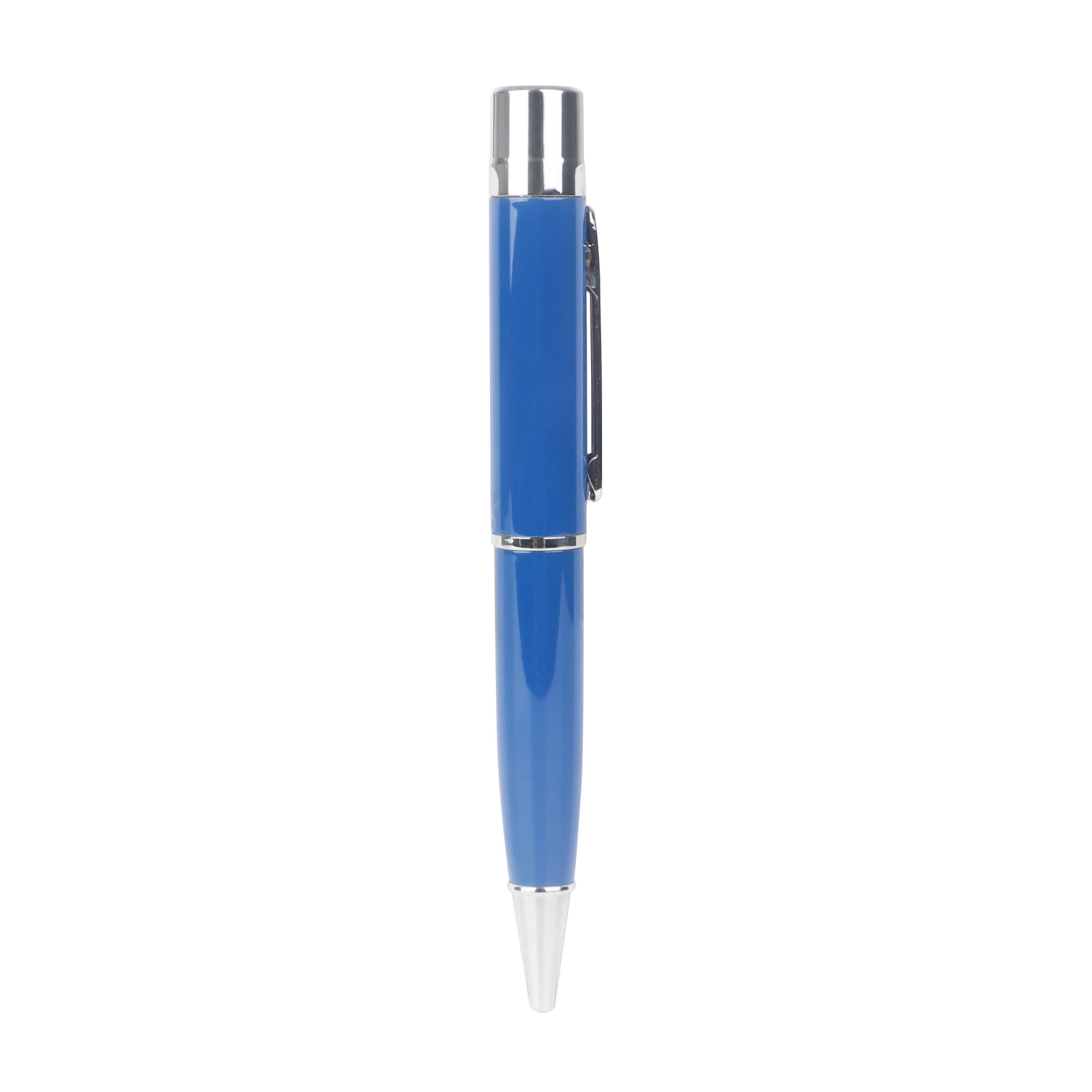 A blue metal pen flash drive with a sleek design and chrome accents. Features a clip and shiny tip.