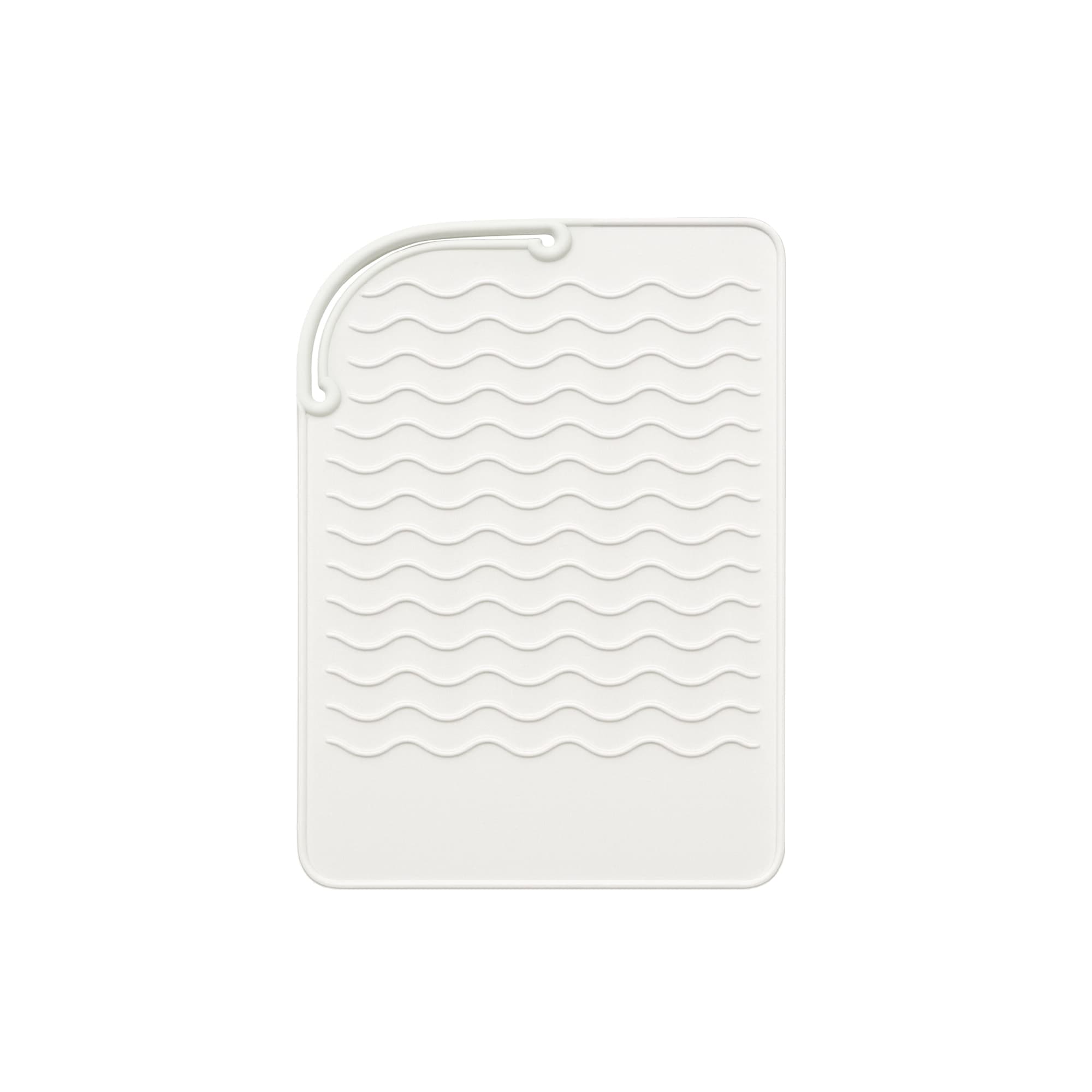 A white silicone pad with wavy patterns designed for heat protection. Features a hook for easy storage.