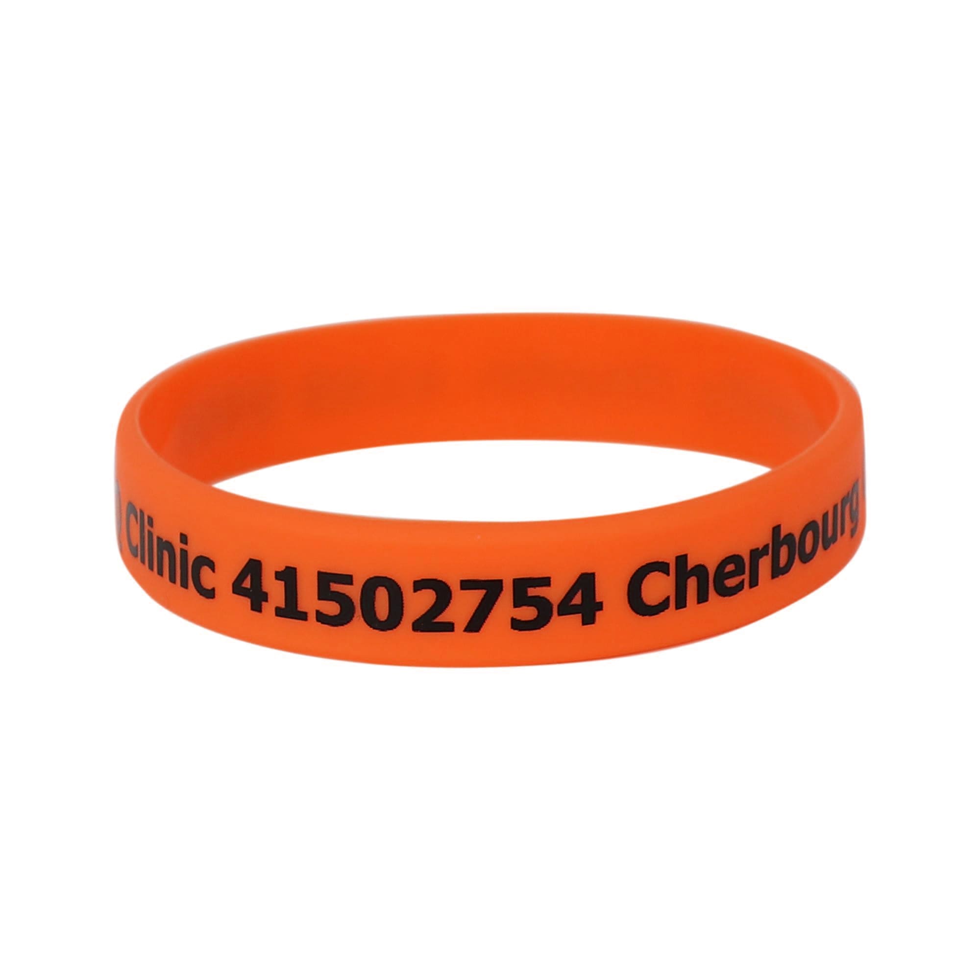 An orange silicone wristband featuring black text and a logo. Ideal for events and exhibitions.