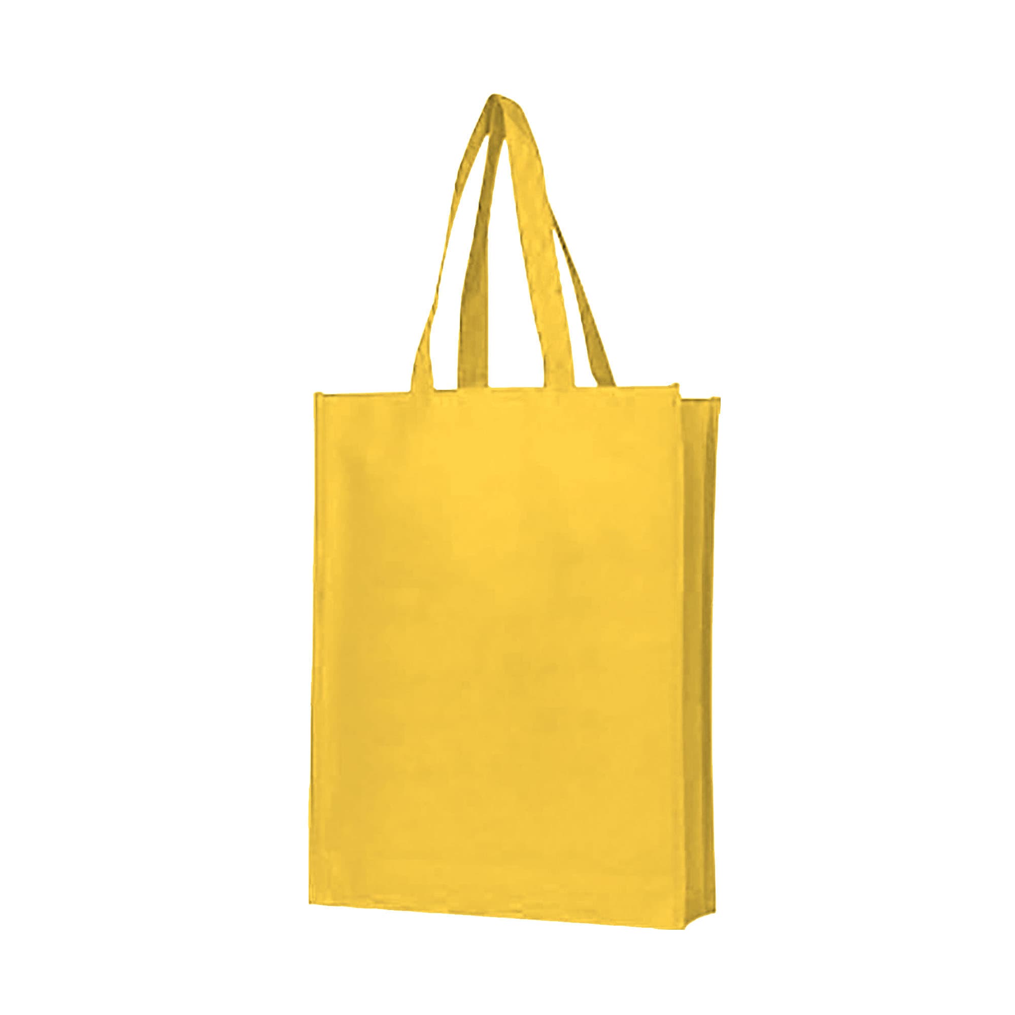 A yellow non-woven bag with a large gusset and two sturdy handles. It features a logo.