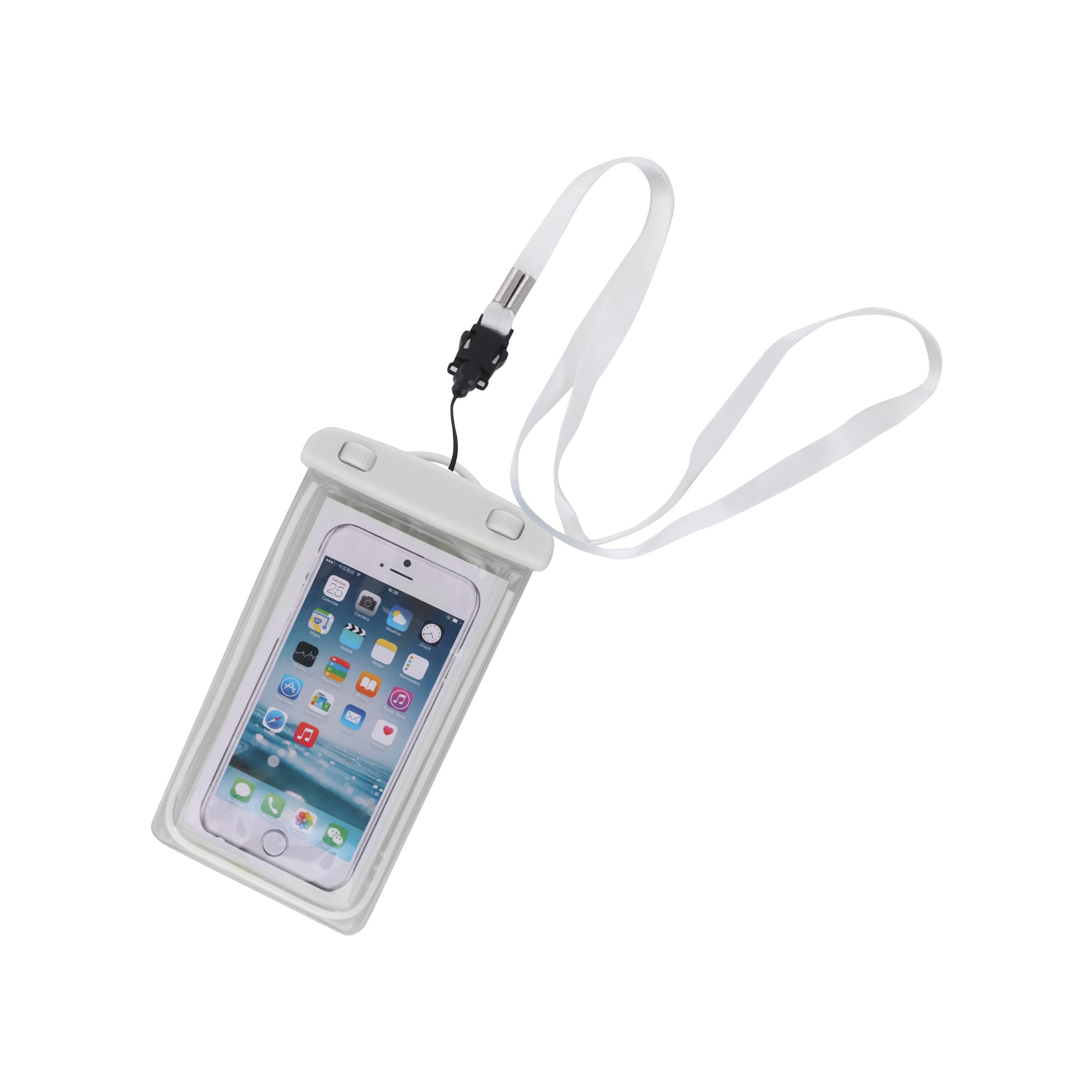 A waterproof phone bag in white with a strap, designed to hold a smartphone securely.