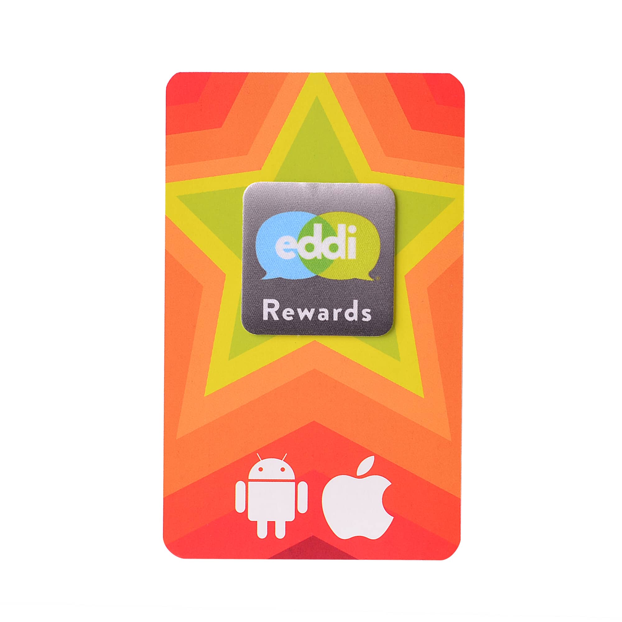 A vibrant rewards card with a multicoloured star design, featuring logos for Android and Apple.