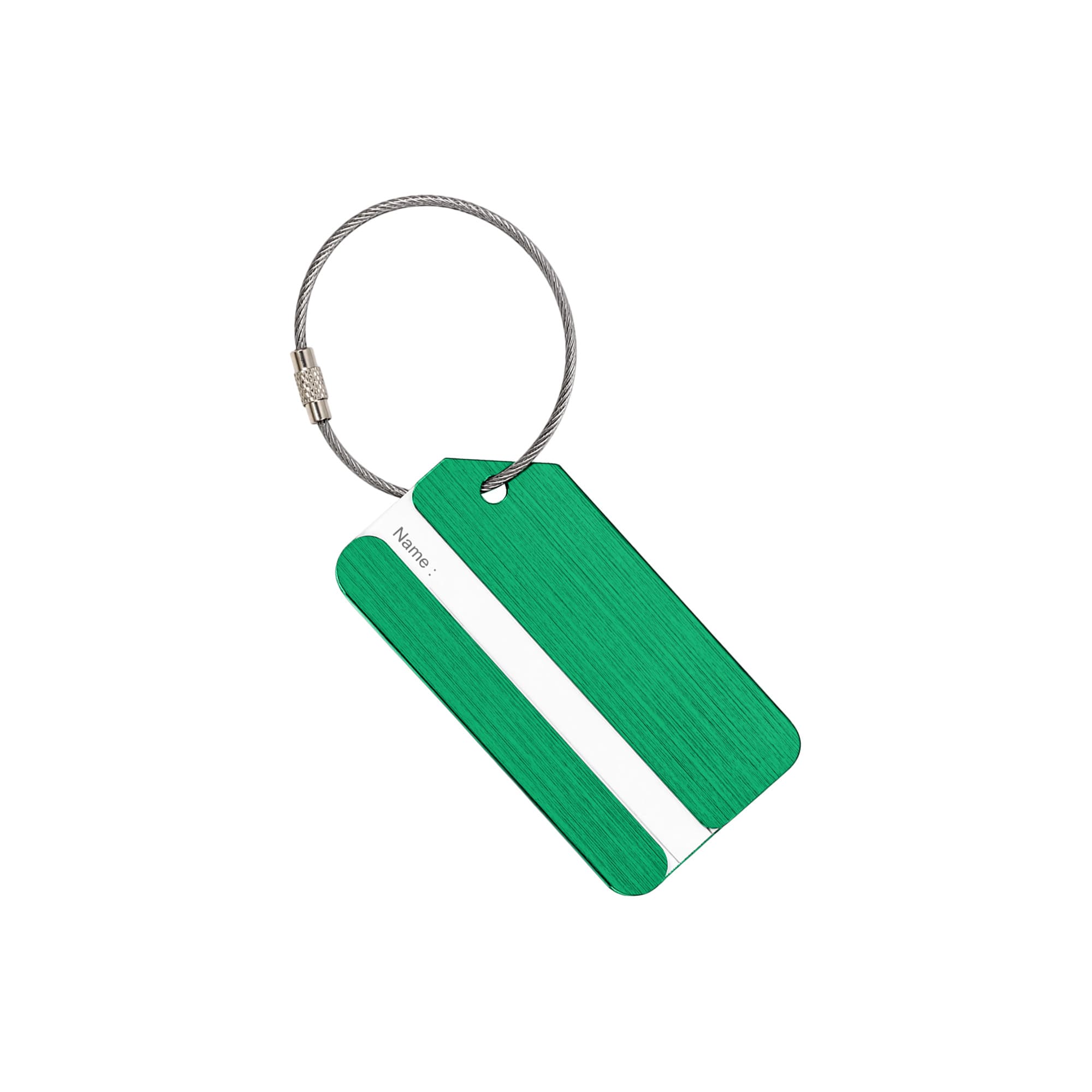 A green brushed aluminium luggage tag with a white stripe and a metal wire attachment.