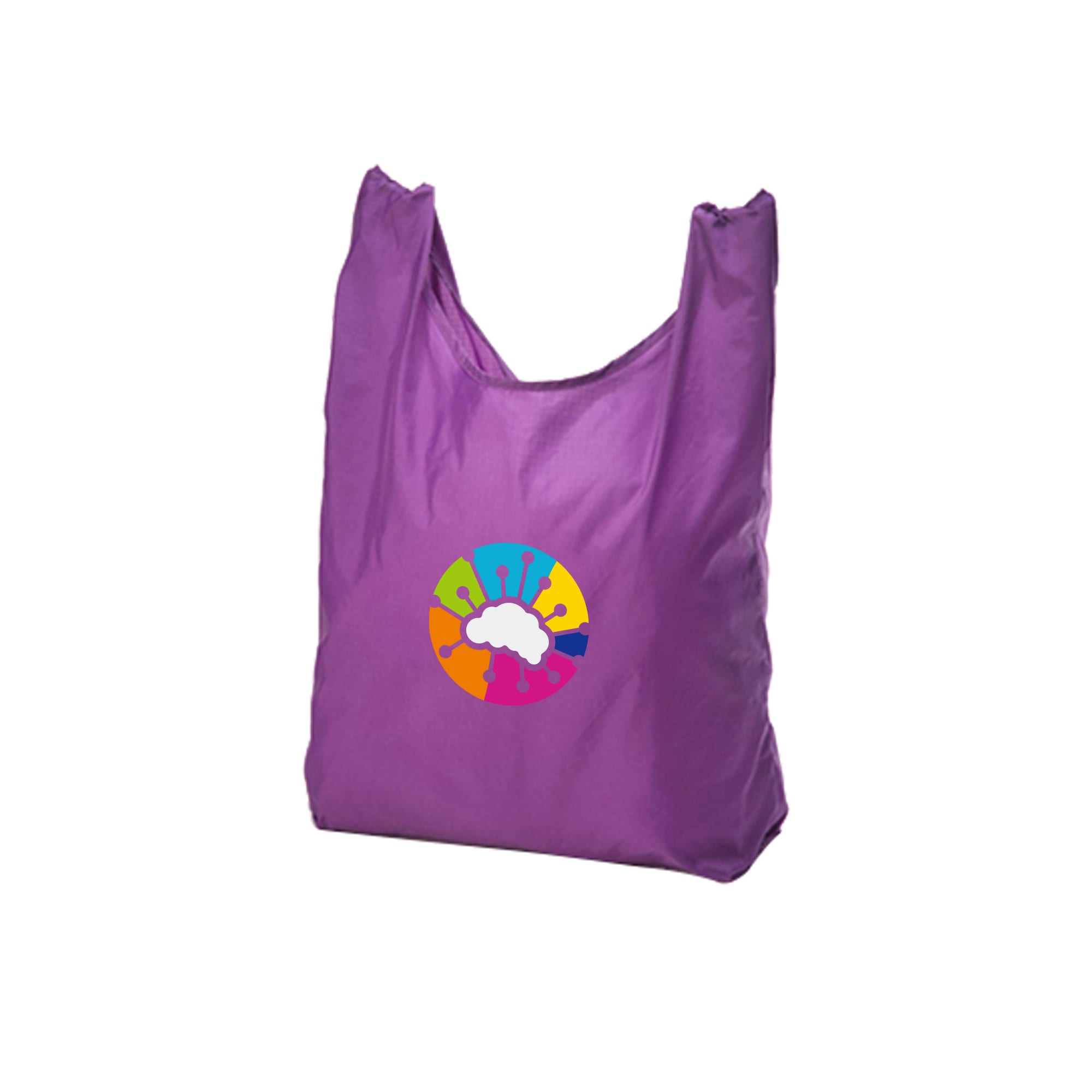 A purple foldaway shopping tote bag with a circular logo featuring vibrant colours.