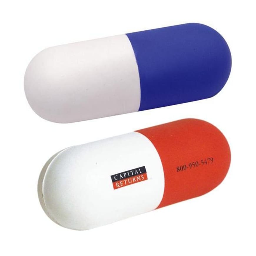 A capsule-shaped stress reliever in blue and white, with an orange and white version below, featuring a logo.