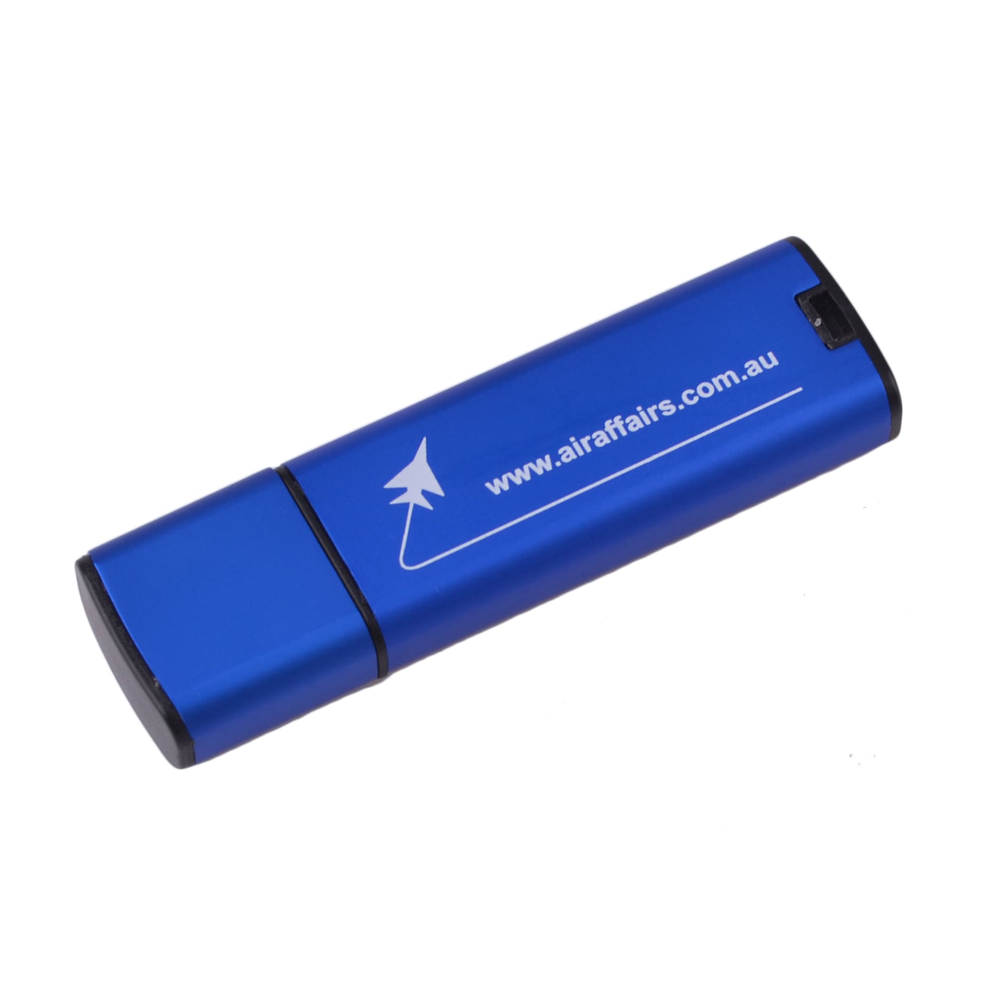 A blue flash drive with a logo, featuring a sleek design and a black end cap.
