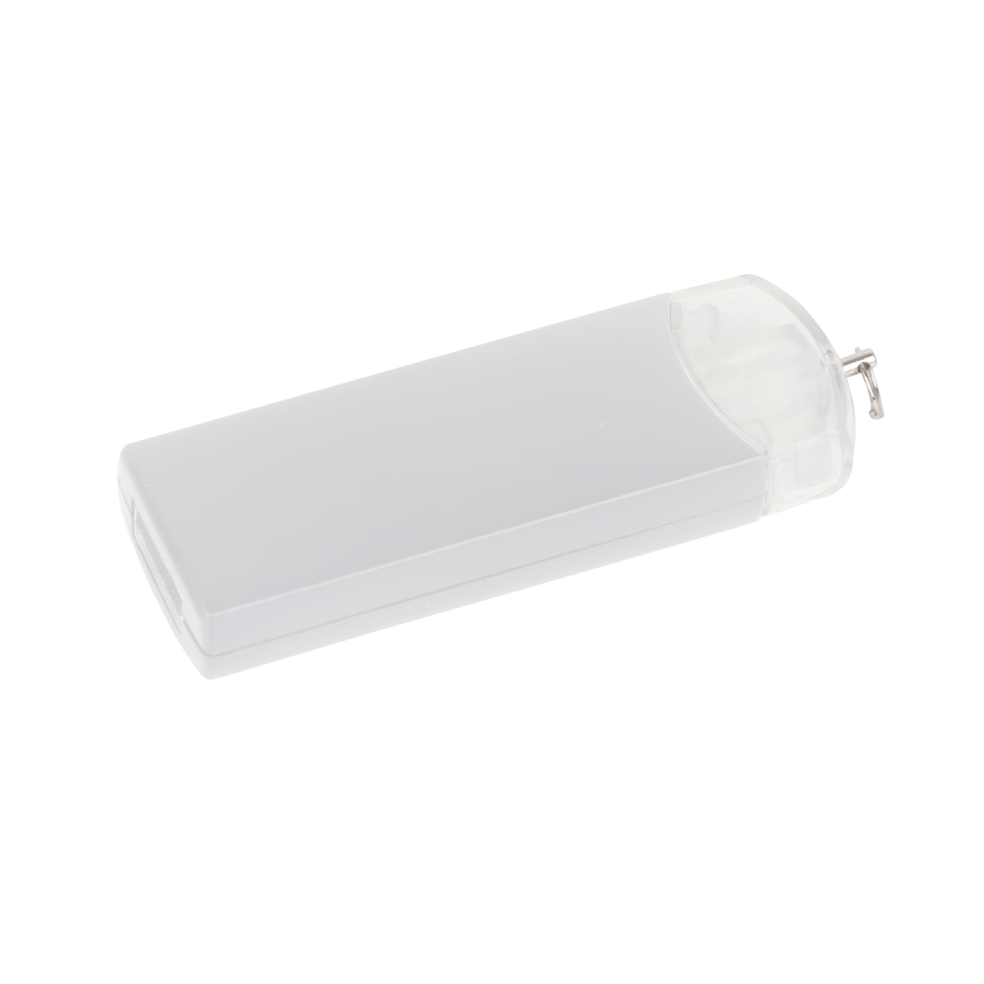 A white gyro USB flash drive with a clear cap, featuring a clip for attachment.