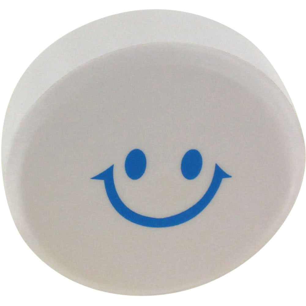 A round, white stress reliever with a blue smiling face design and a logo.