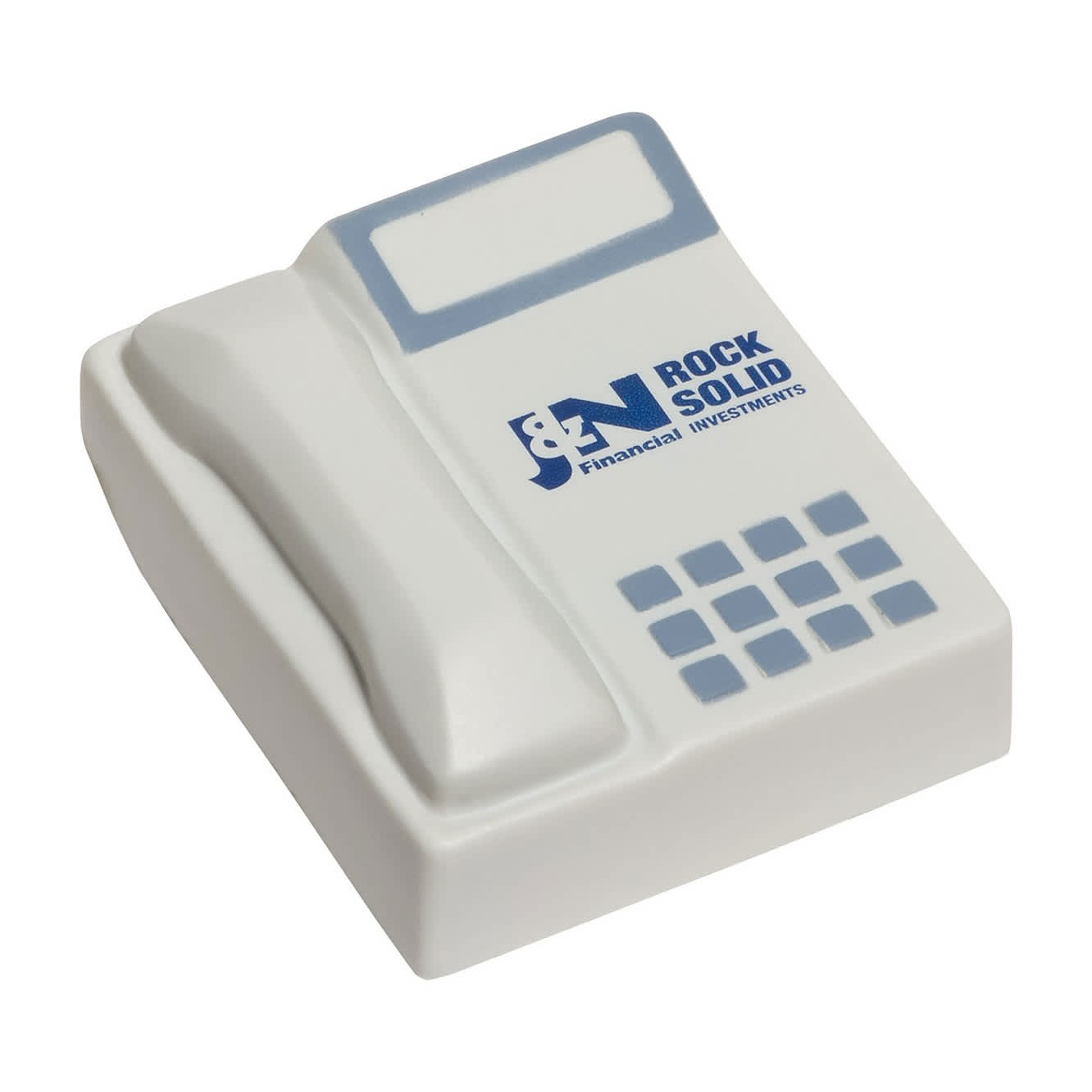 A telephone-shaped stress reliever in white and light blue, featuring a logo on the front.