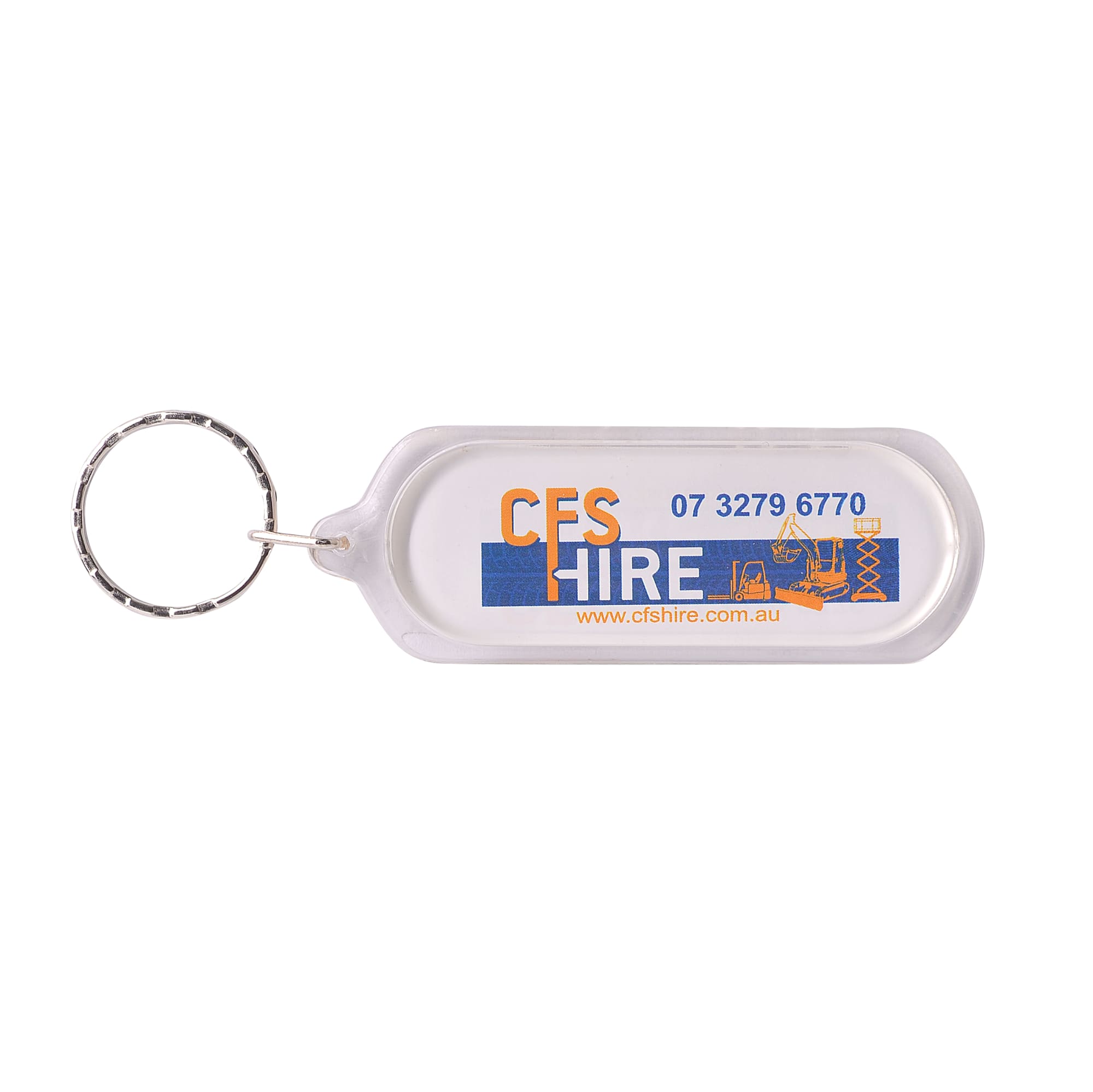 An oblong acrylic keyring in clear with a silver keyring attachment and featuring a logo.
