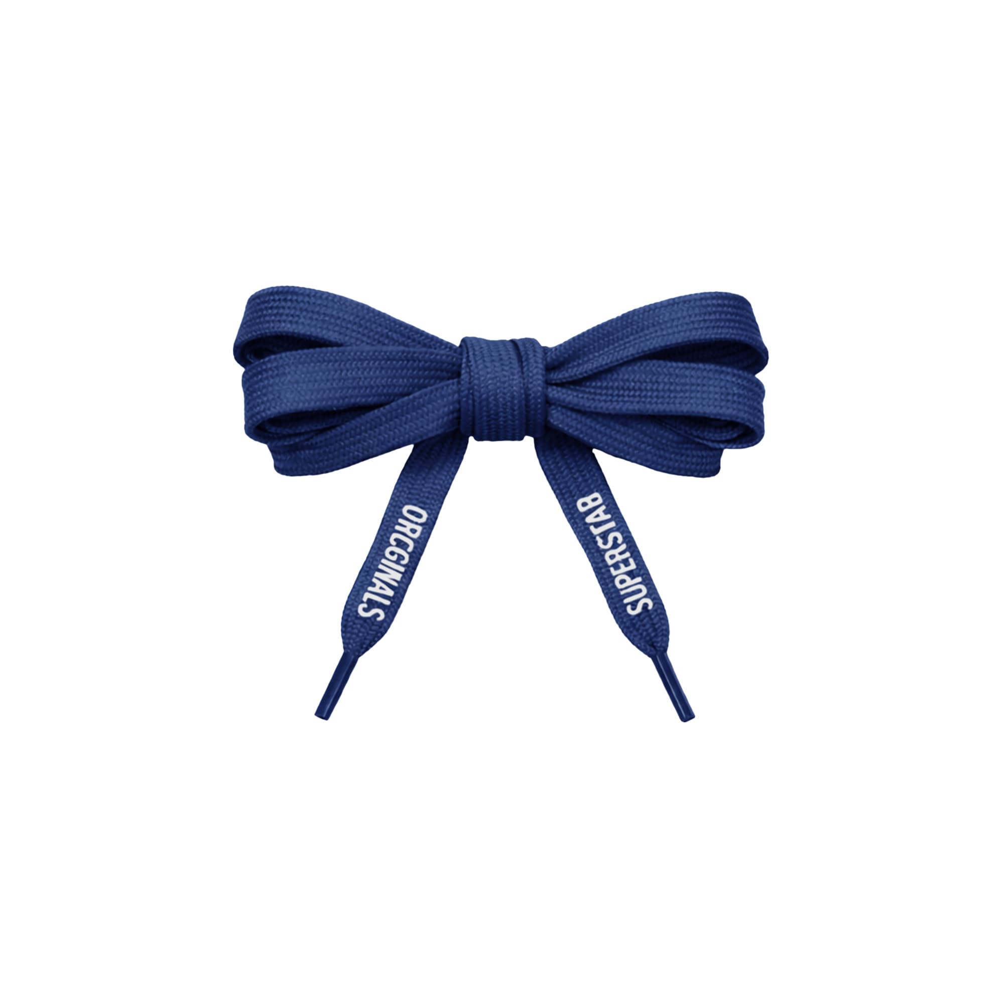 A pair of navy blue custom shoe laces tied in a bow, featuring brand tags on the ends.