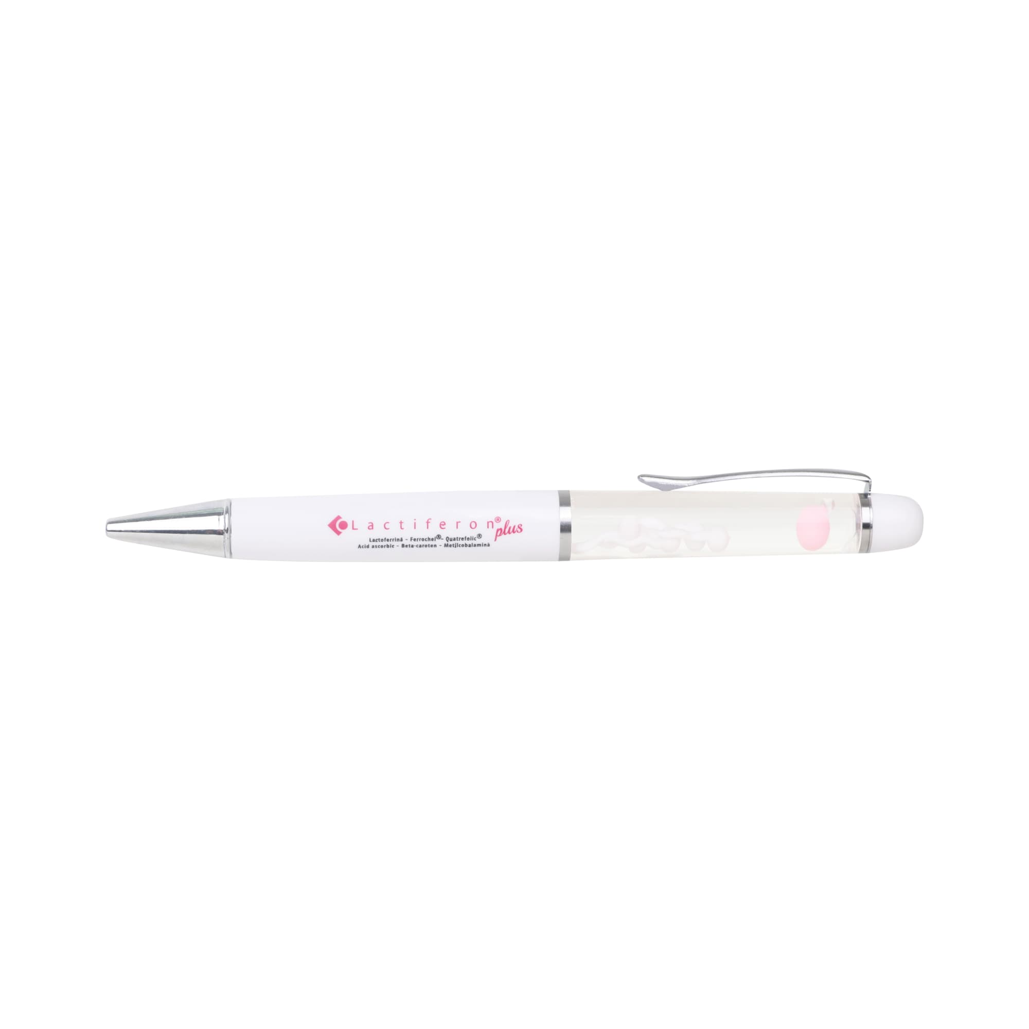 A white plastic pen with a silver clip and a transparent barrel featuring a logo.