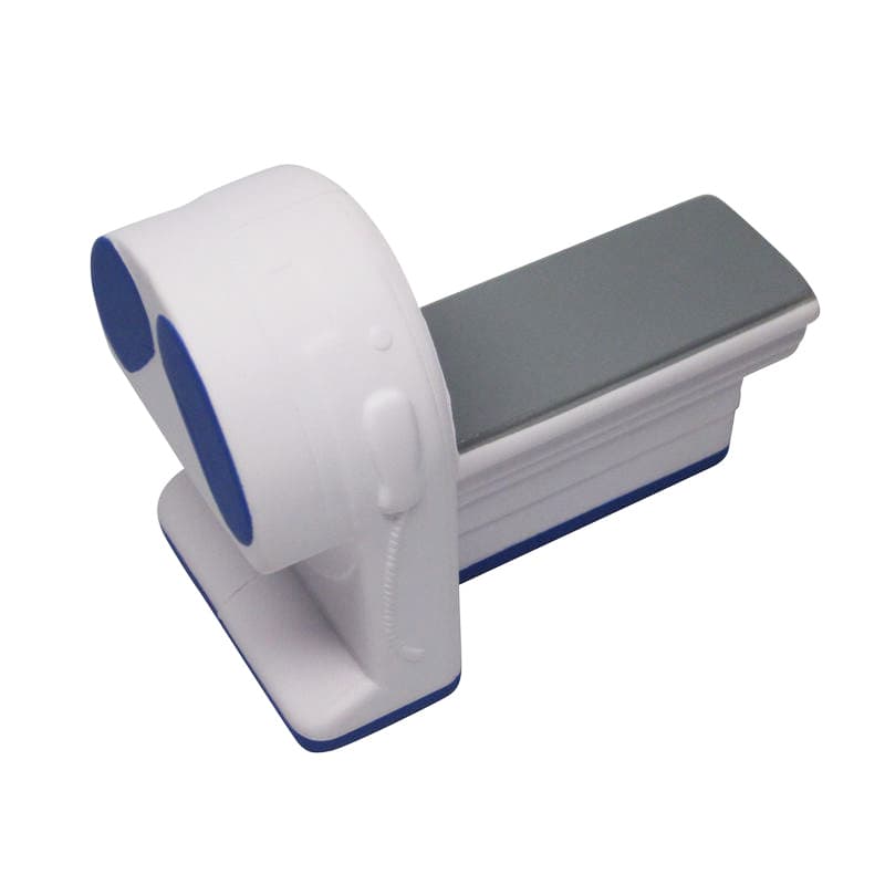A scanner machine-shaped stress reliever in white and blue with a grey base. It features a logo on the side.