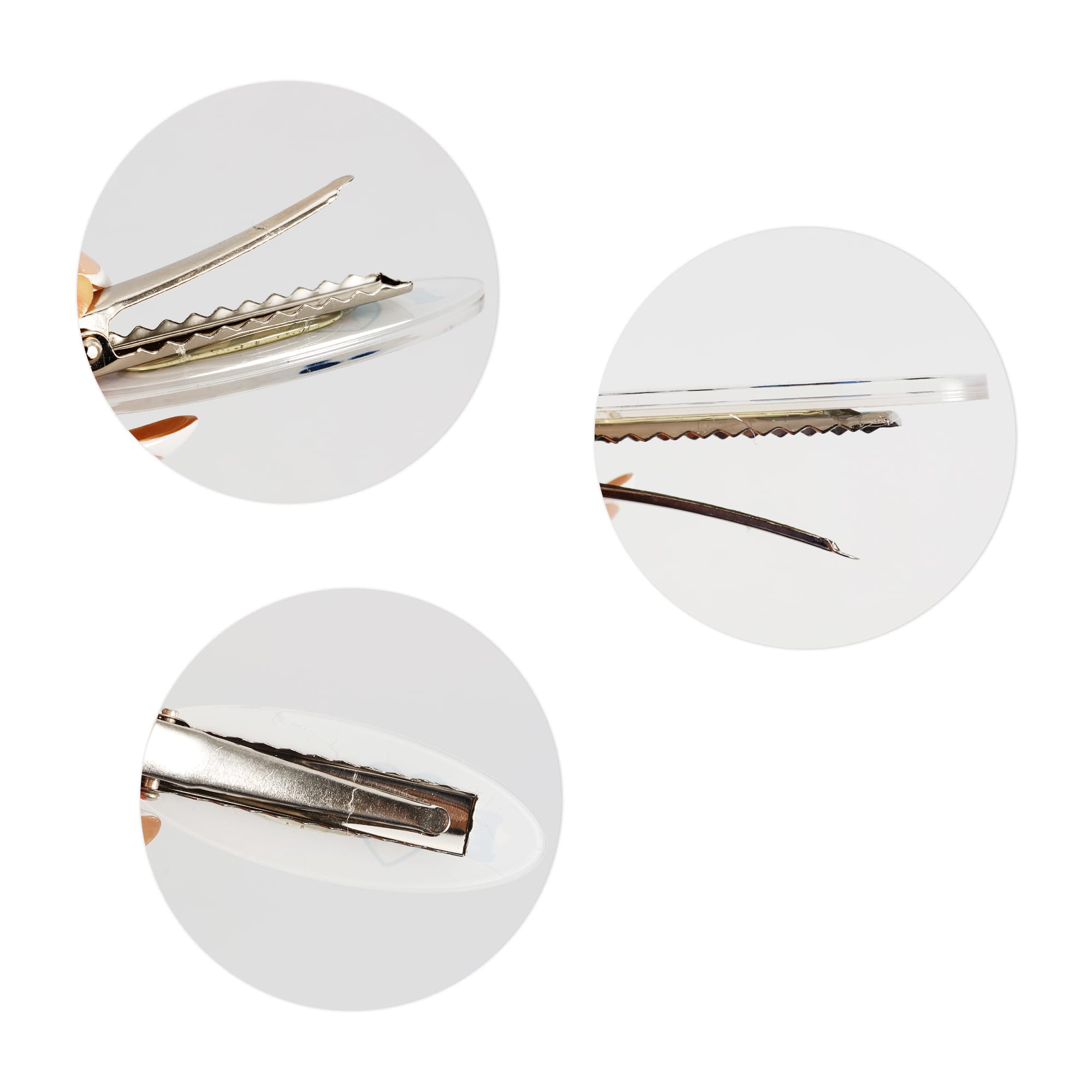 An oval acrylic hair clip with a clear finish and metallic clasp, featuring three different angles.