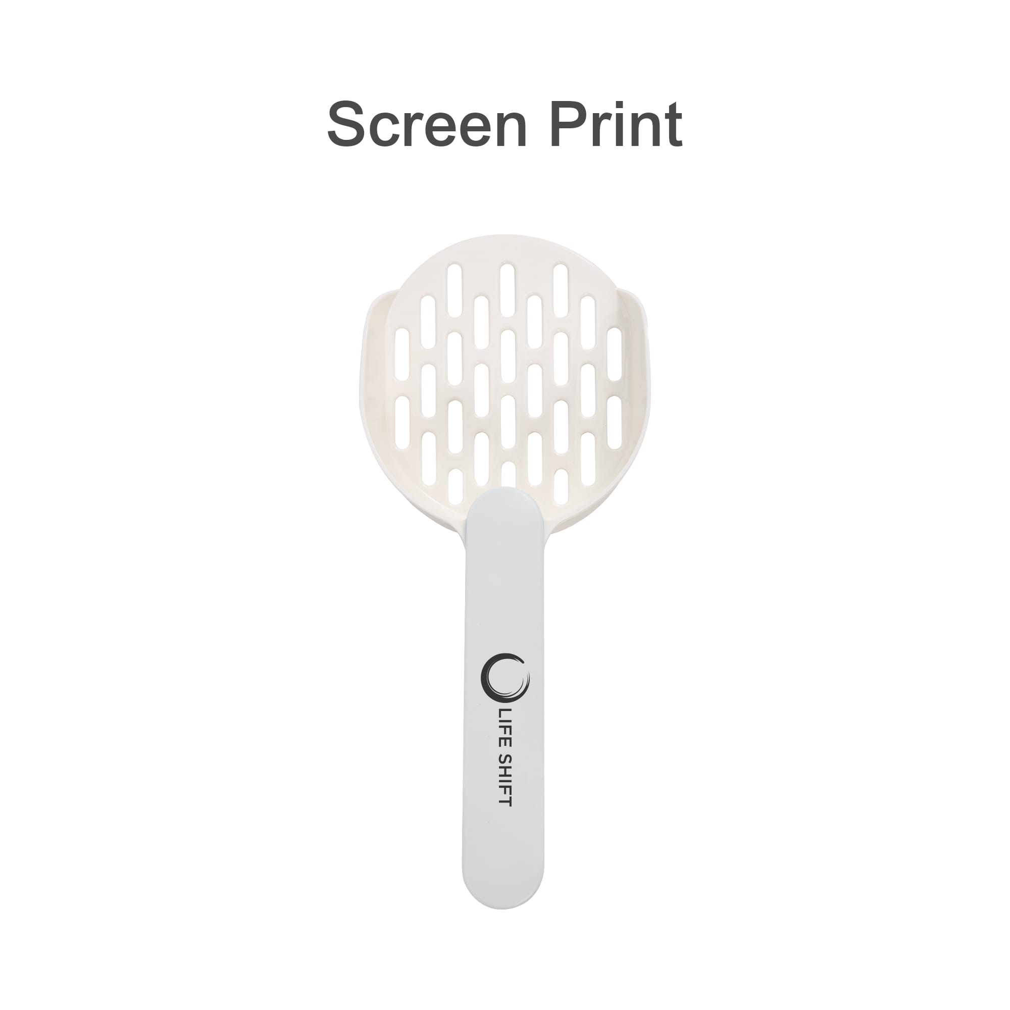 A cat litter scoop in white with a slotted head and a branded handle.