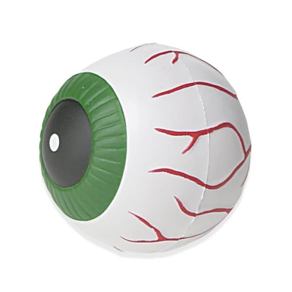 A stress ball shaped like an eyeball, featuring a white surface with red veins and a green iris. Includes a logo.