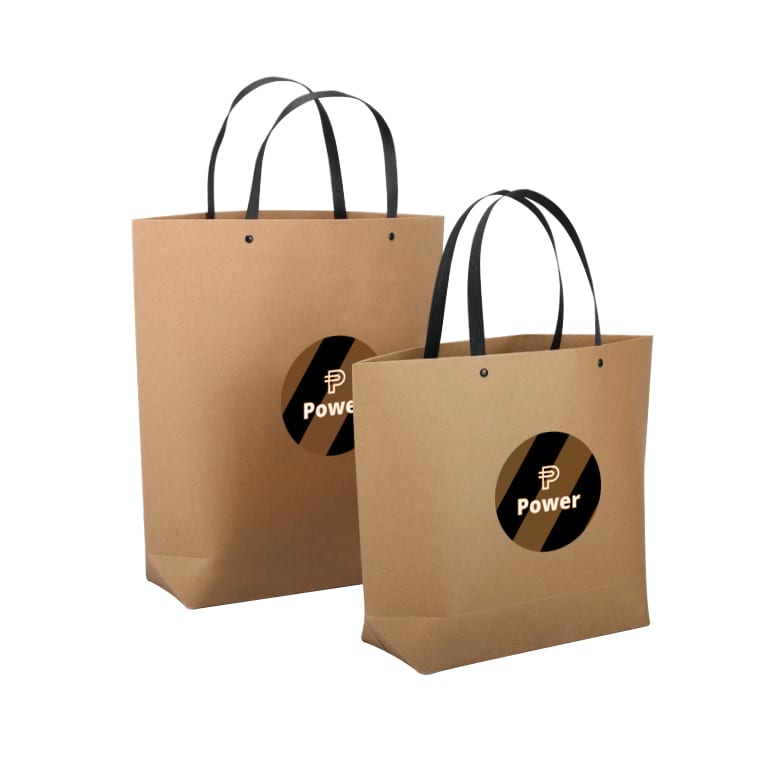 Two large brown boutique paper bags with black handles, featuring a circular logo on the front of each bag.