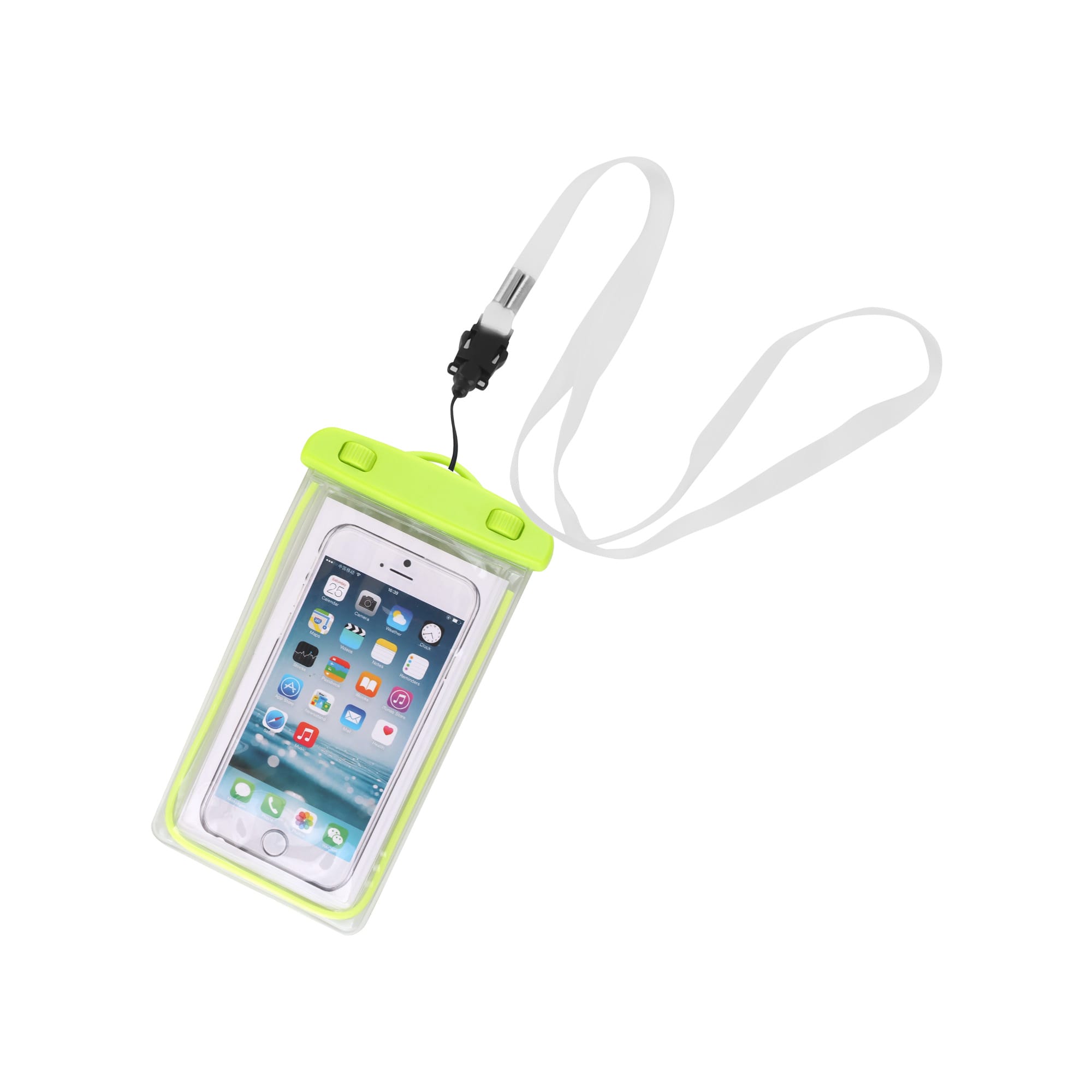 A waterproof phone bag in fluorescent green with a transparent cover and a white lanyard for carrying.